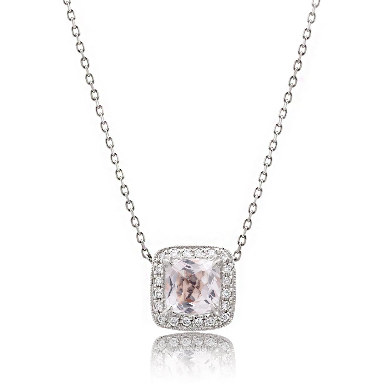 Morganite Pendant Cushion Diamond Halo (5mm)