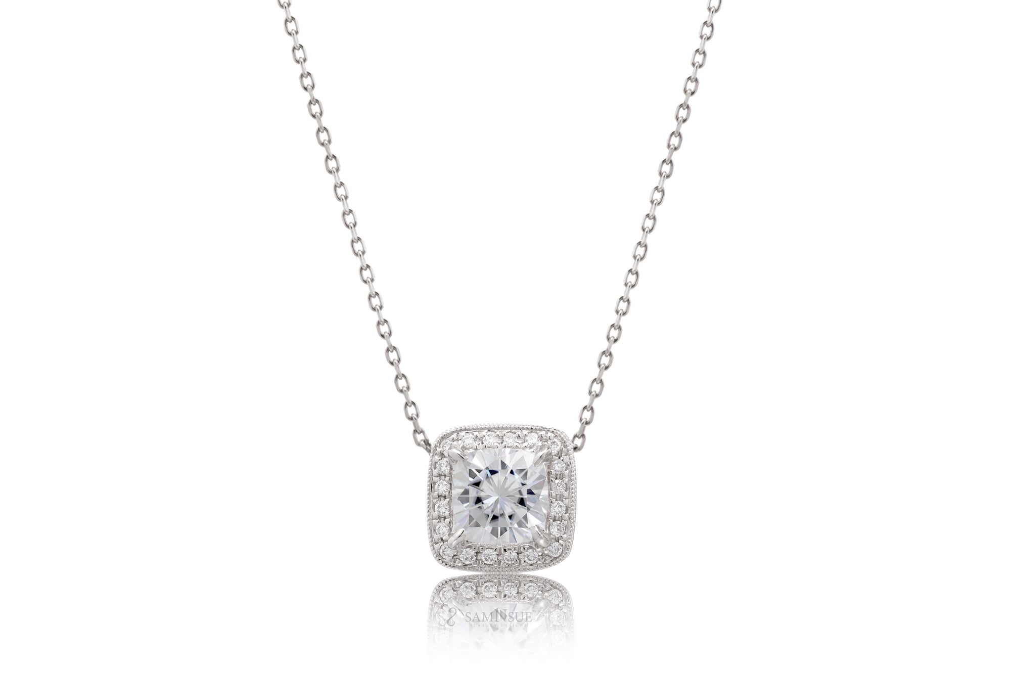 Moissanite Cushion Diamond Halo Pendant