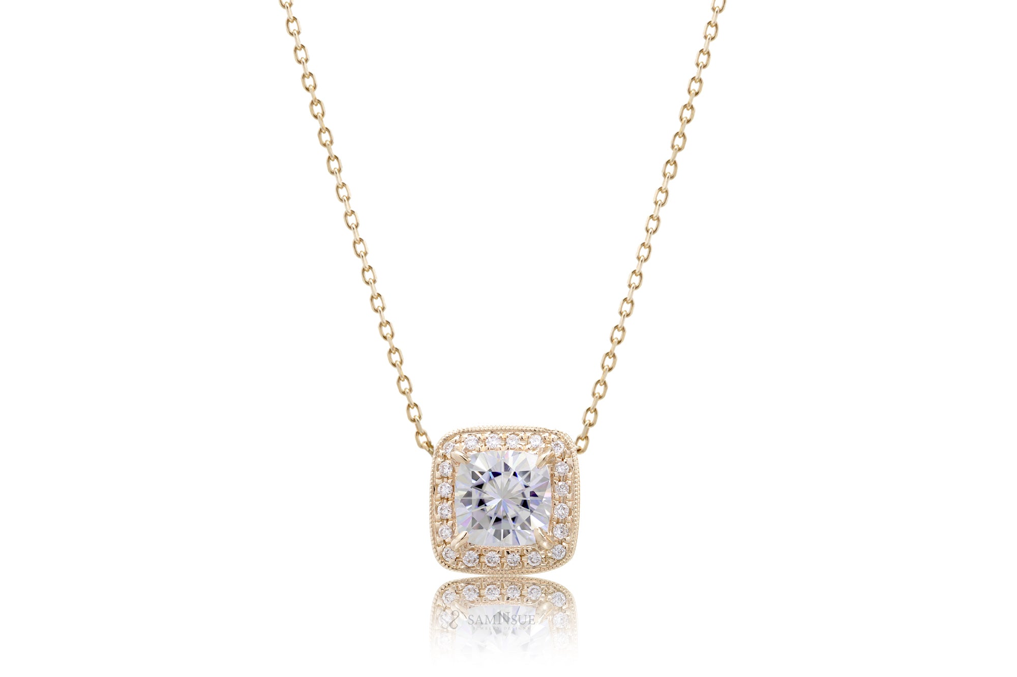 Moissanite Cushion Diamond Halo Pendant