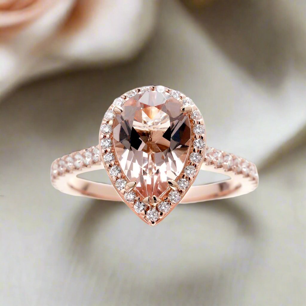 The Sunset Pear Cut Morganite Diamond Halo Engagement Ring