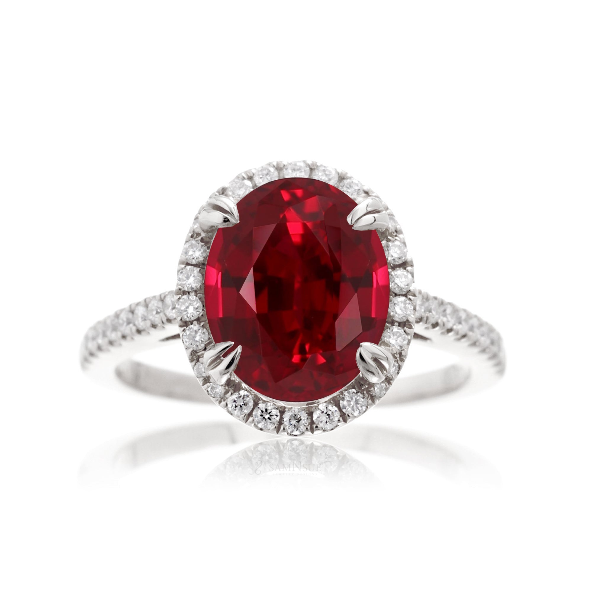 Oval shape ruby diamond engagement ring in white gold