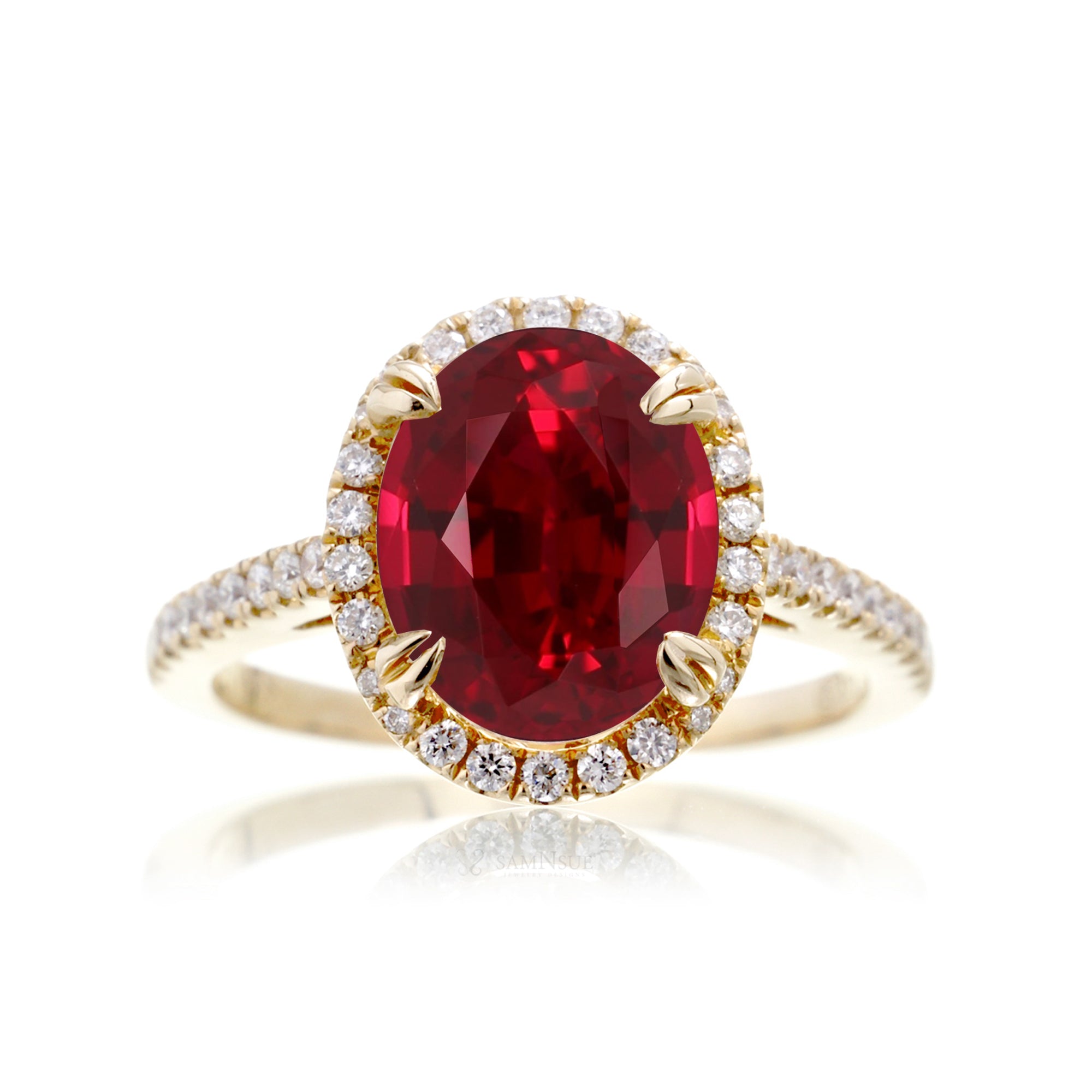 Oval shape ruby diamond engagement ring in yellow gold