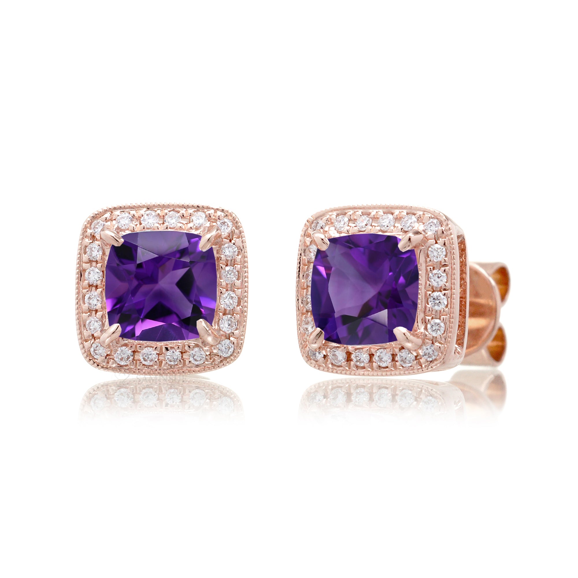 Amethyst Studs Cushion Diamond Halo Earrings