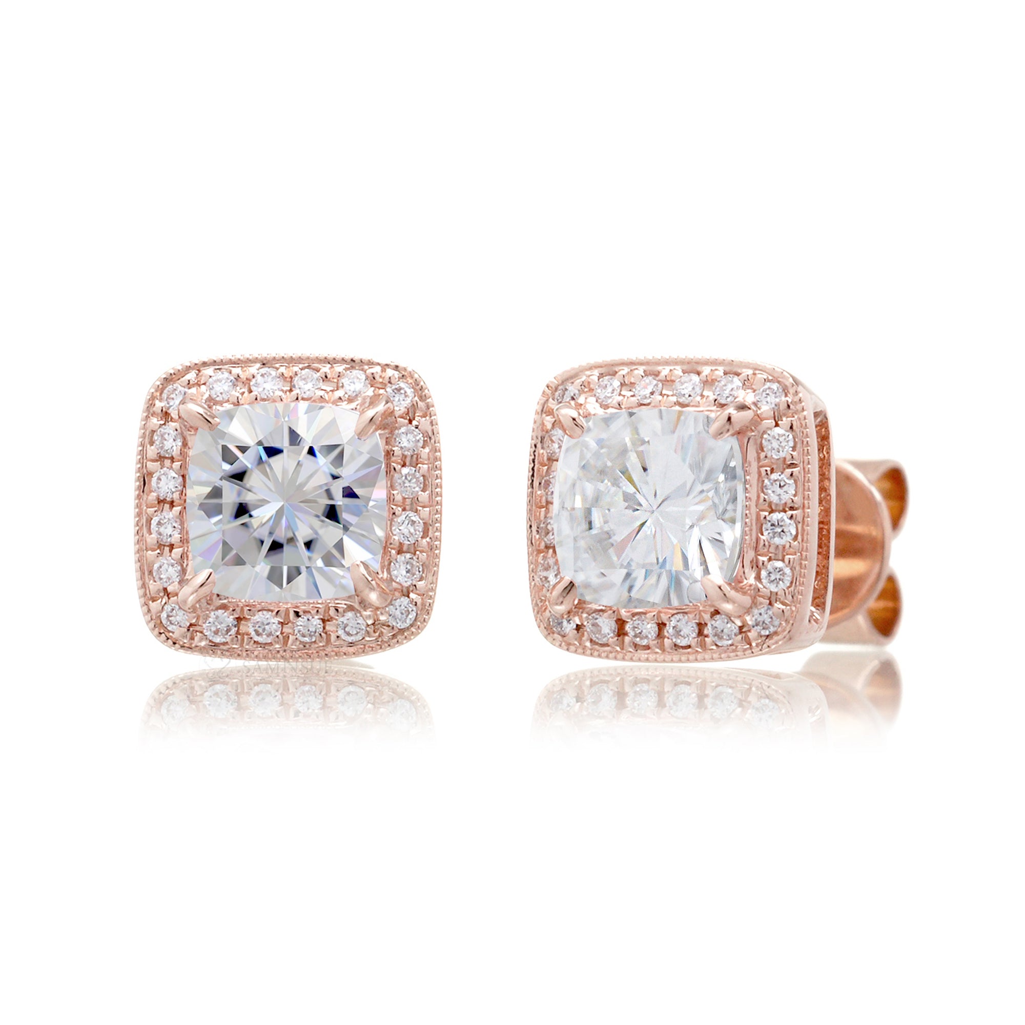 Cushion Moissanite Stud Earrings With Diamond Halo Rose Gold