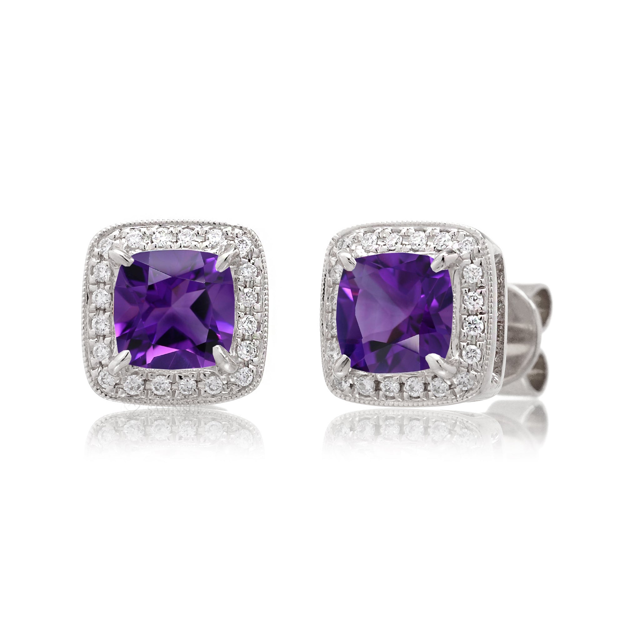 Amethyst Studs Cushion Diamond Halo Earrings
