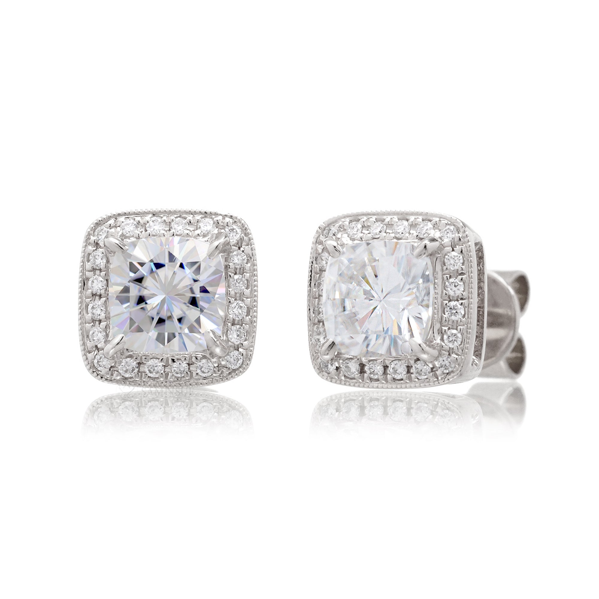 Cushion Moissanite Stud Earrings With Diamond Halo White Gold