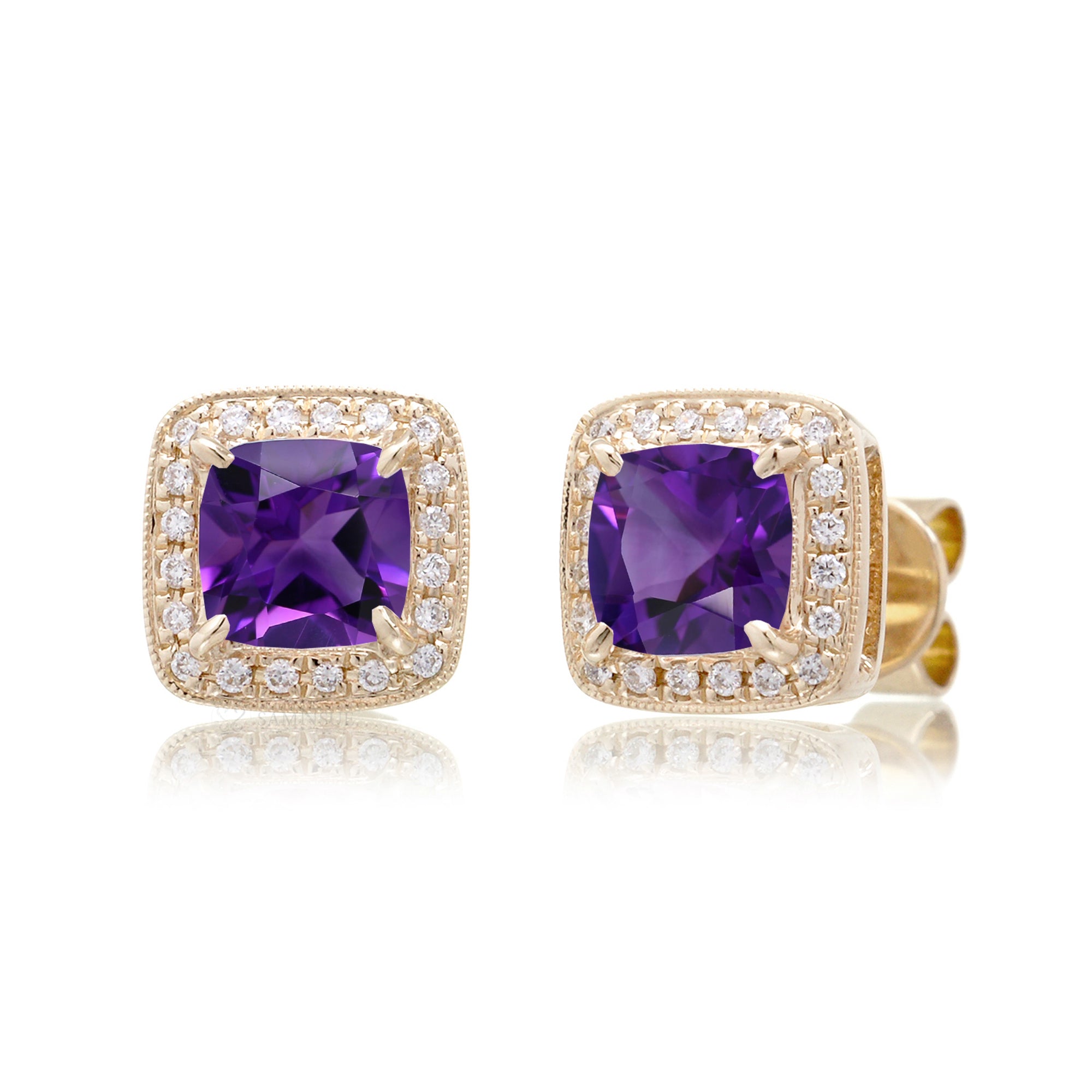 Amethyst Studs Cushion Diamond Halo Earrings