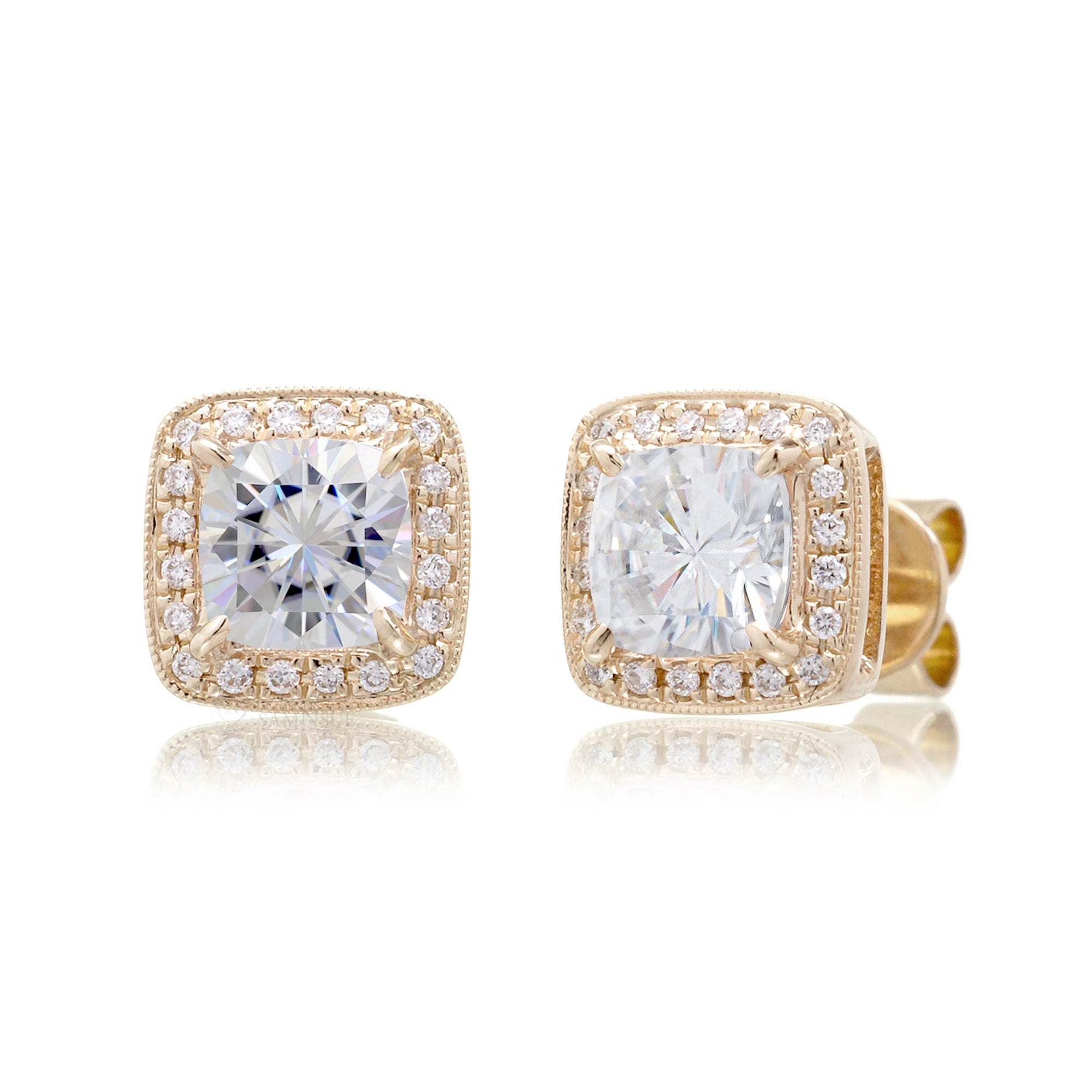 Cushion Moissanite Stud Earrings With Diamond Halo Yellow Gold