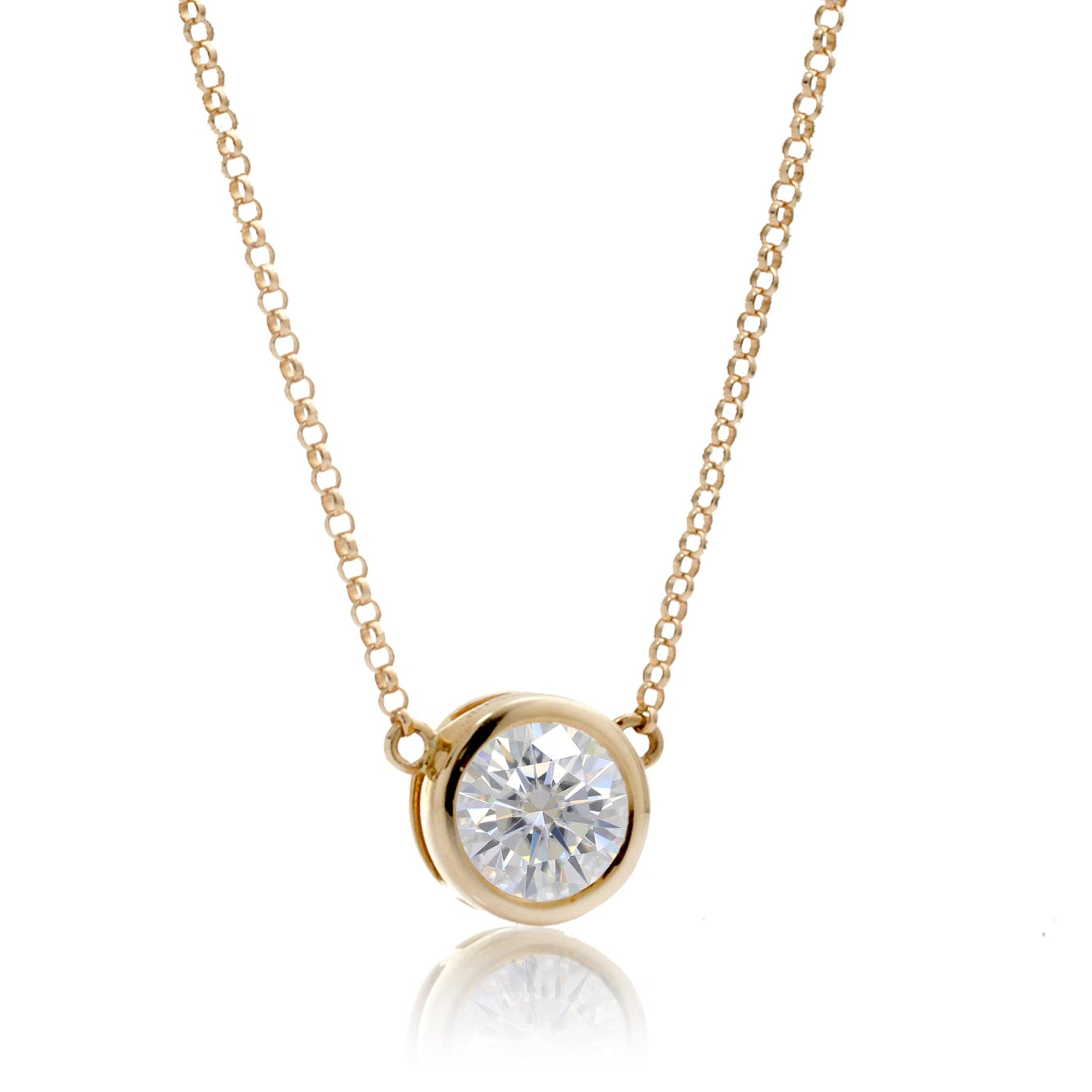 Solitaire bezel round moissanite pendant necklace 6.5mm in yellow gold