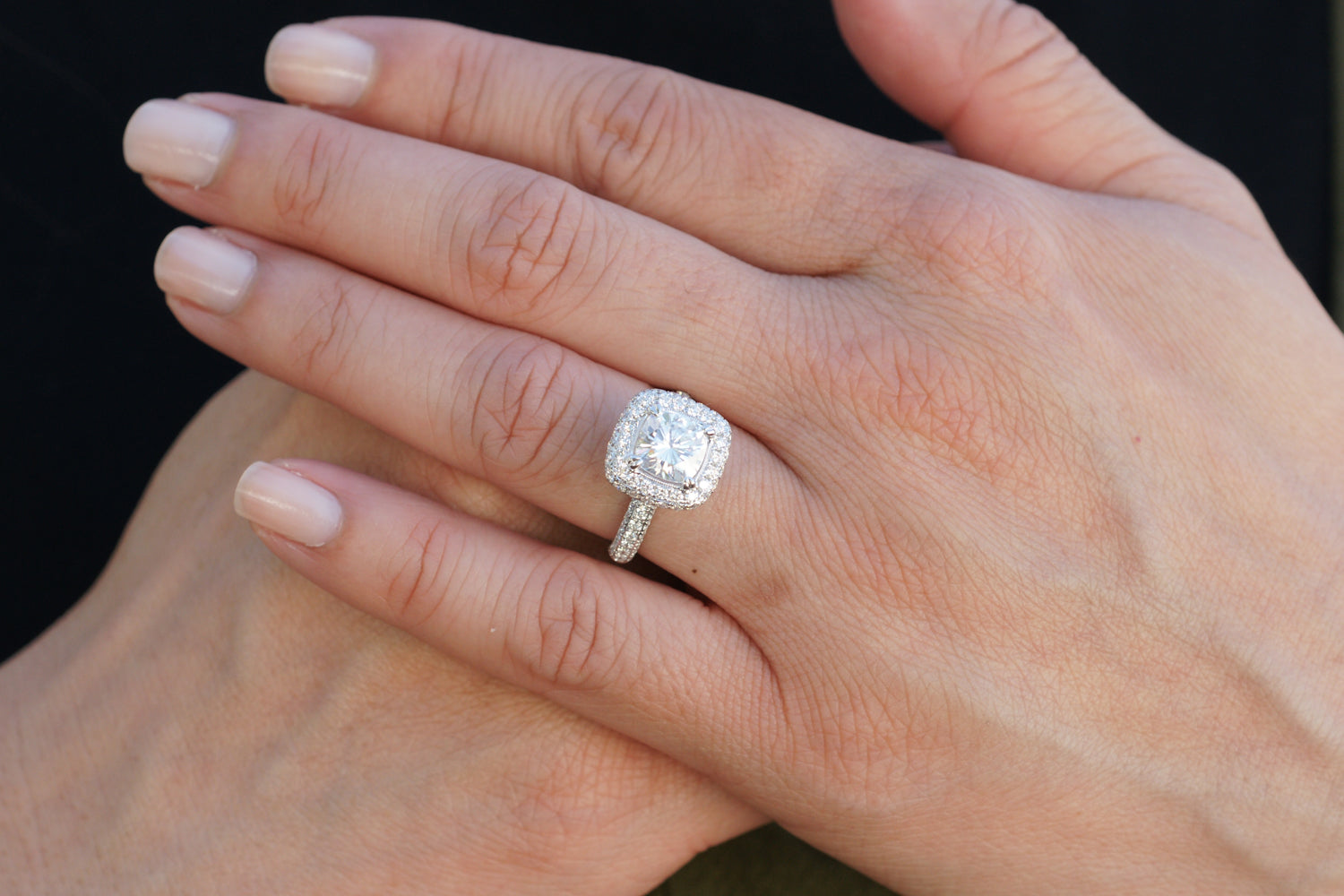 The Leila Halo Cushion Cut Moissanite Ring