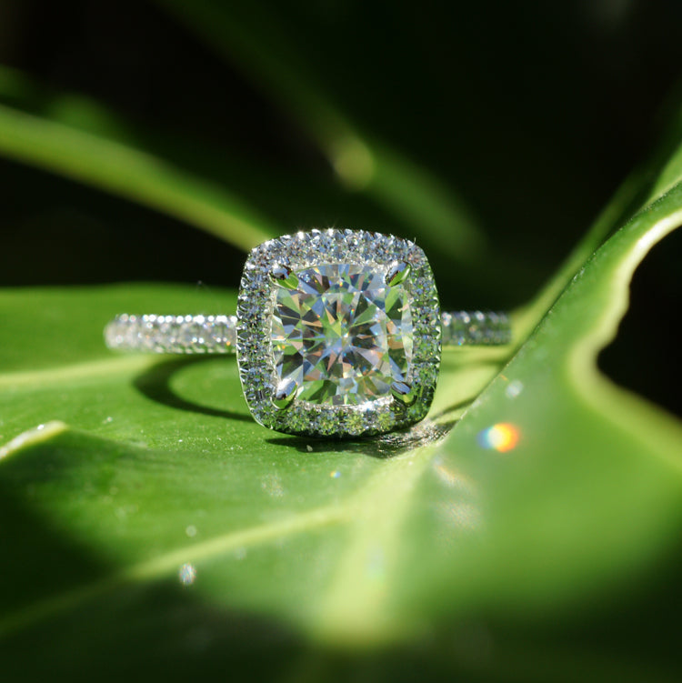 Cushion cut moissanite with diamond halo and band on the Caitlin ring in white gold platinum