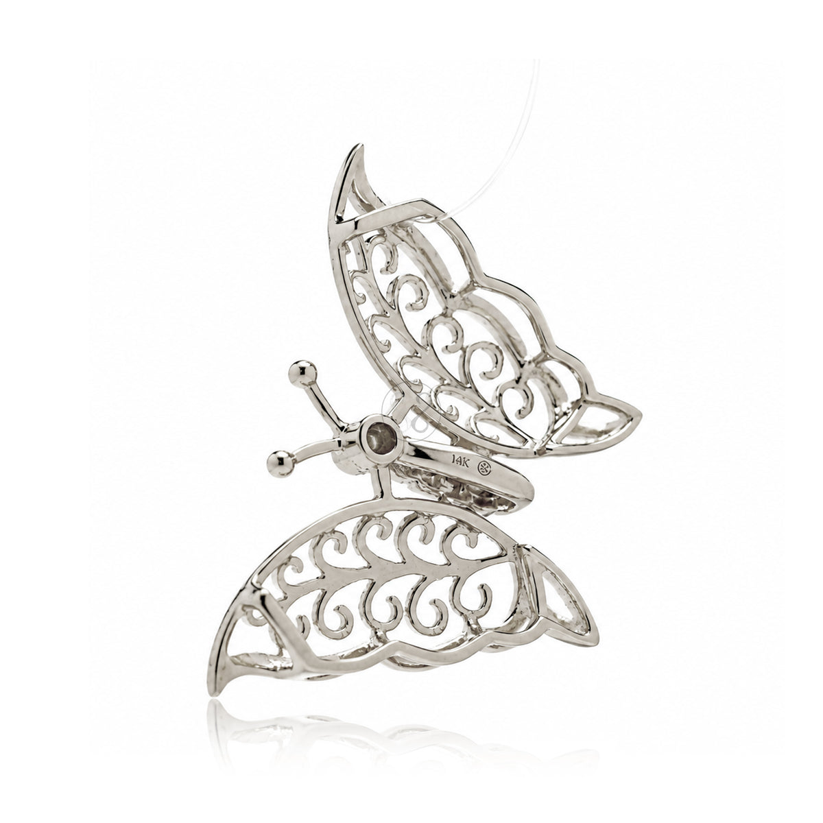 Whimsical Gold Butterfly Pendant with Diamond – Intricate Filigree Design