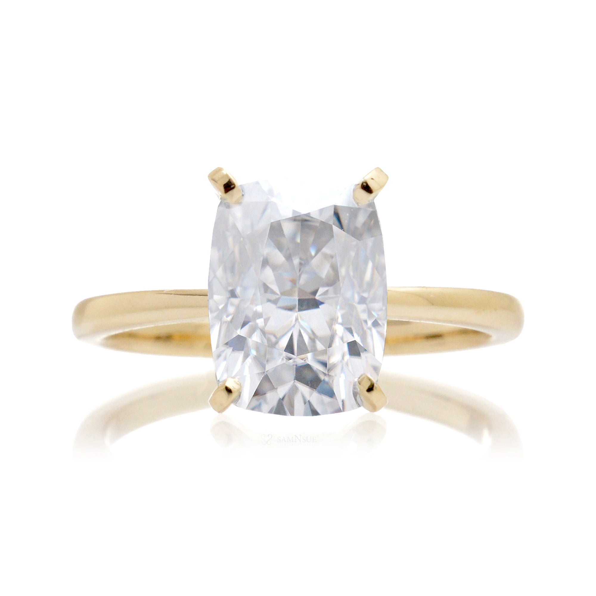 Cushion moissanite solitaire engagement ring in yellow gold - the Adeline