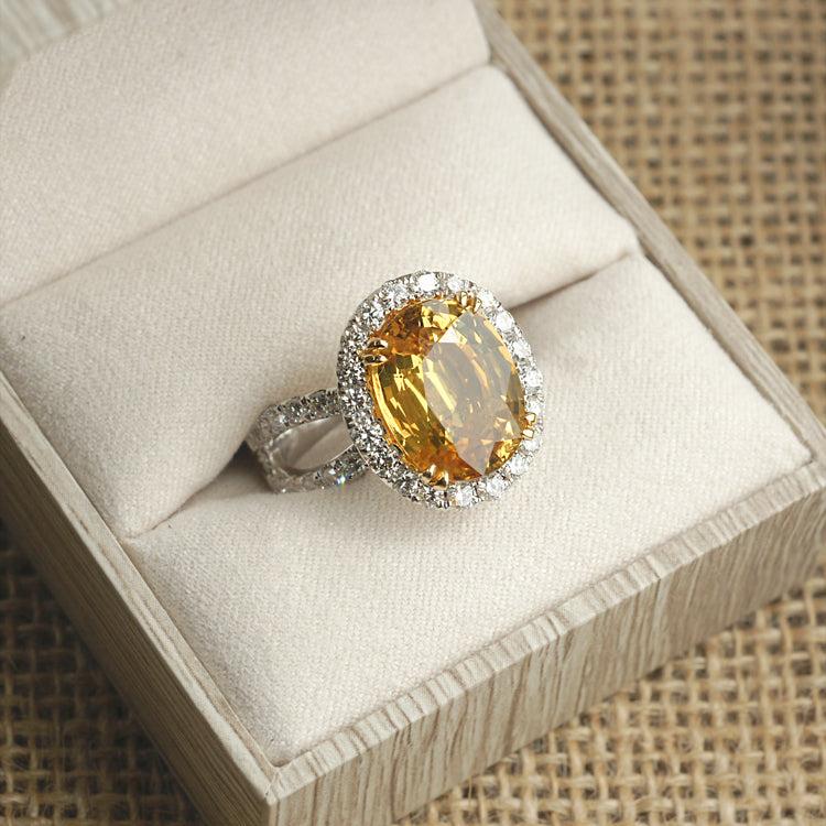 Large oval cut yellow sapphire diamond halo split band cocktail ring