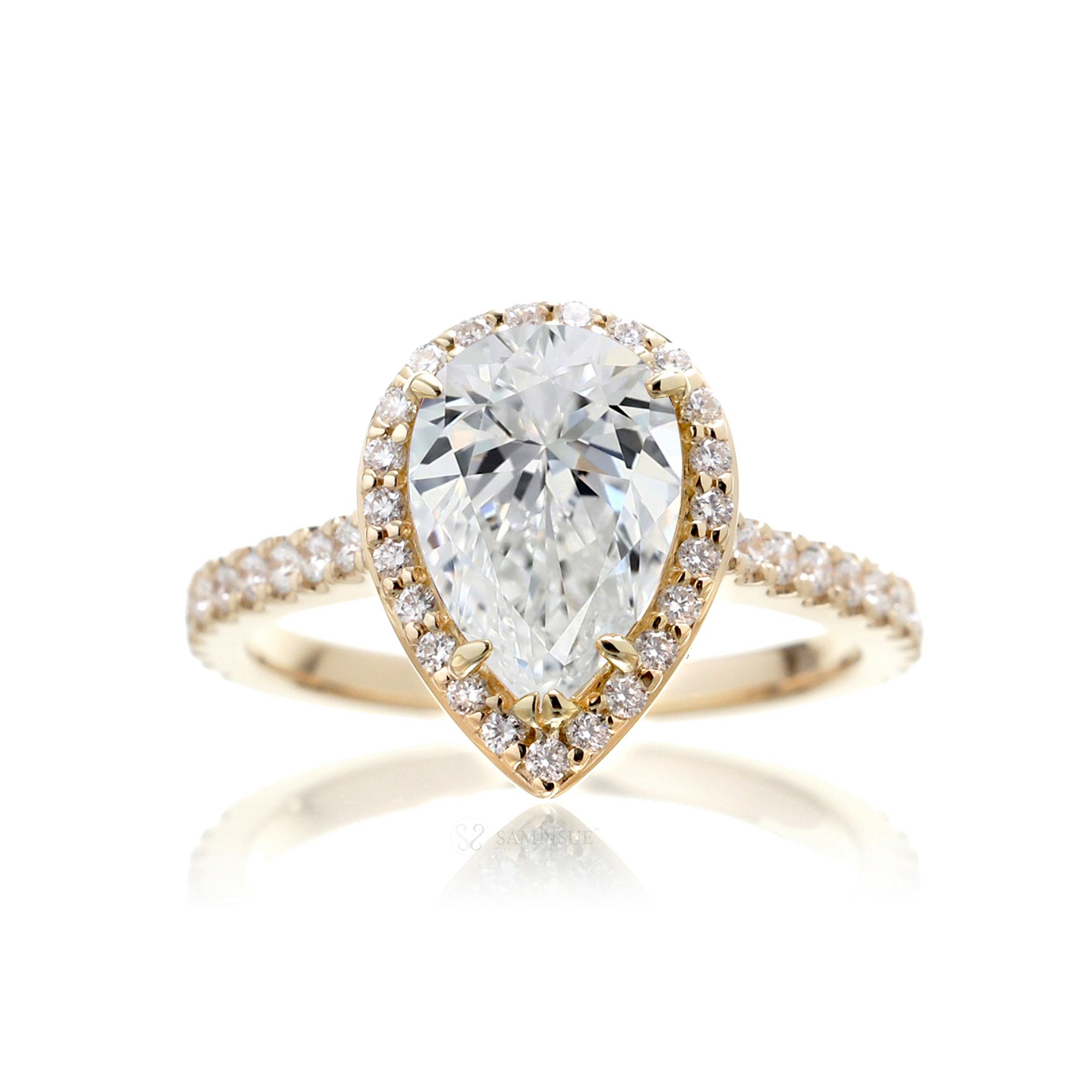 Pear diamond engagement ring the sunset halo yellow gold