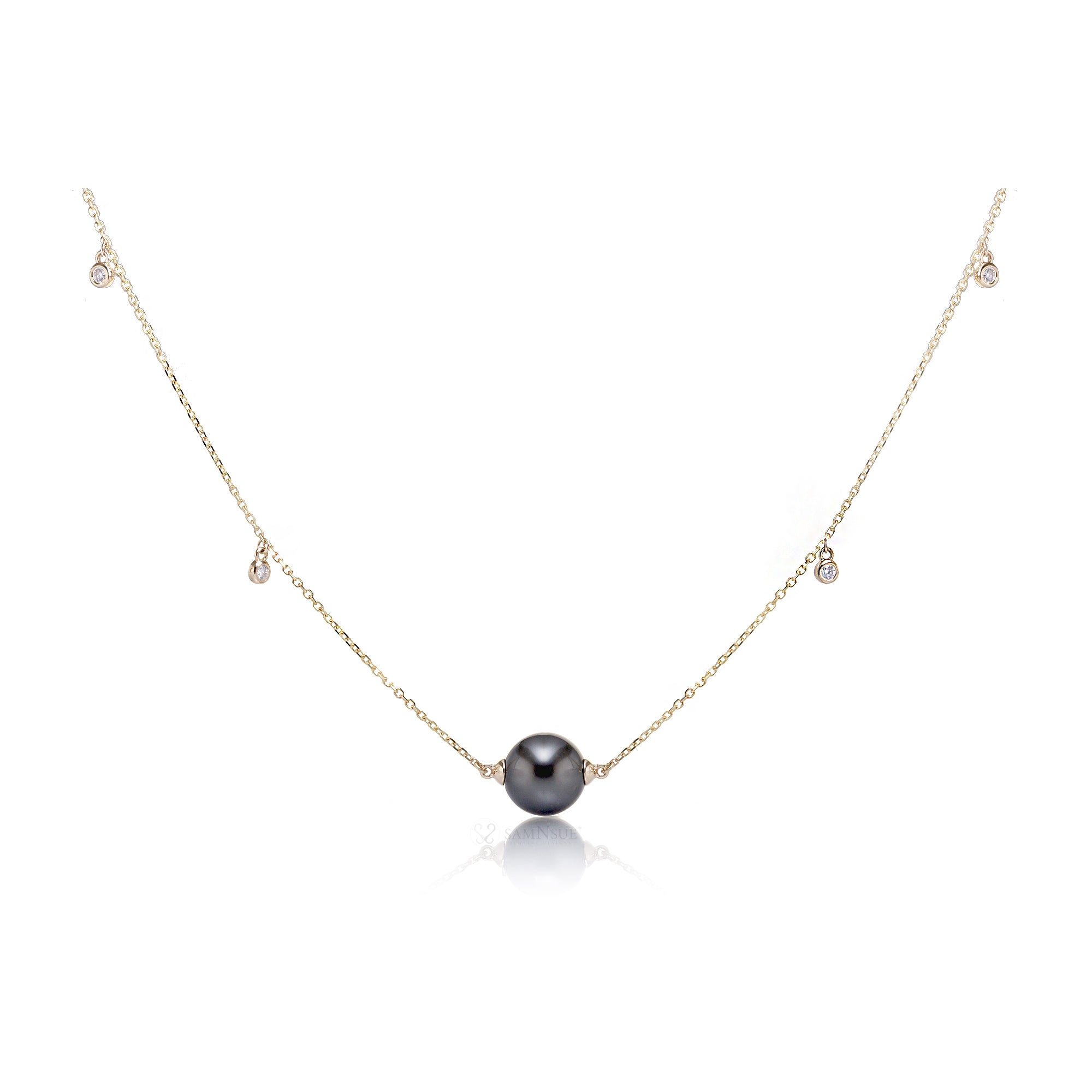 Black Tahitian pearl solitaire pendant necklace with diamonds by the yard