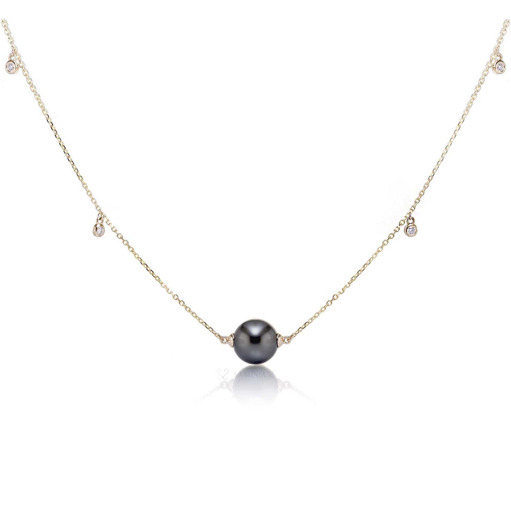 Black Tahitian pearl solitaire pendant necklace with diamonds by the yard
