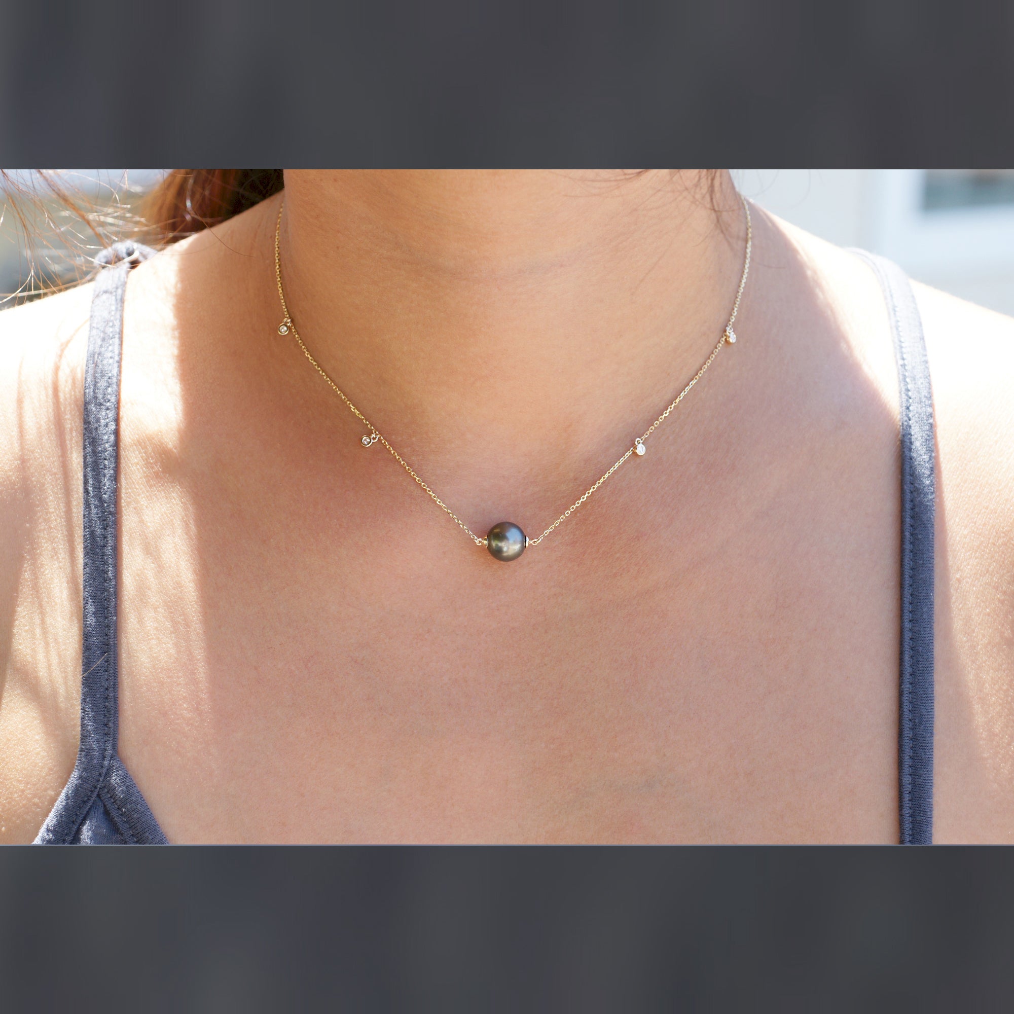 Black Tahitian pearl solitaire pendant necklace with diamonds by the yard