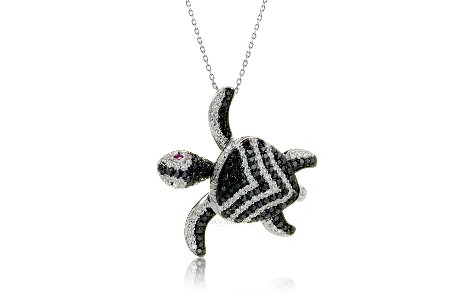 Turtle diamond pendant necklace Chevron top flipper style in black diamond