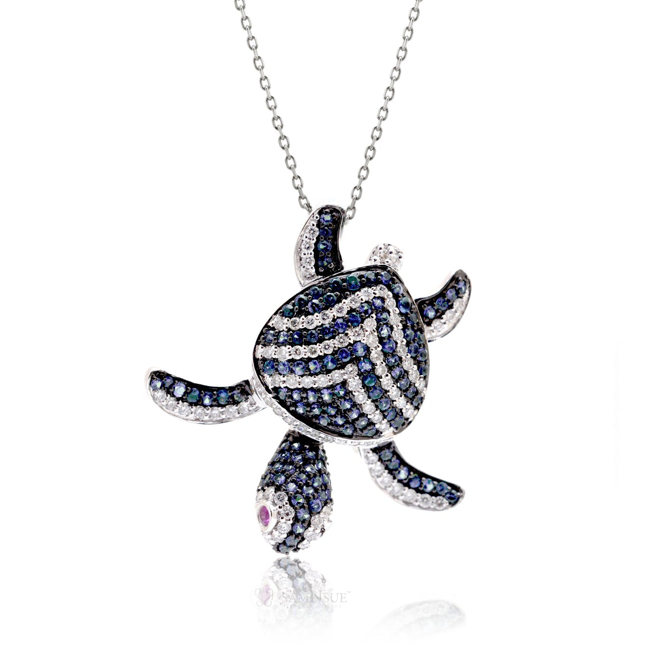 Turtle Diamond Pendant With Blue Sapphire Chevron Shell