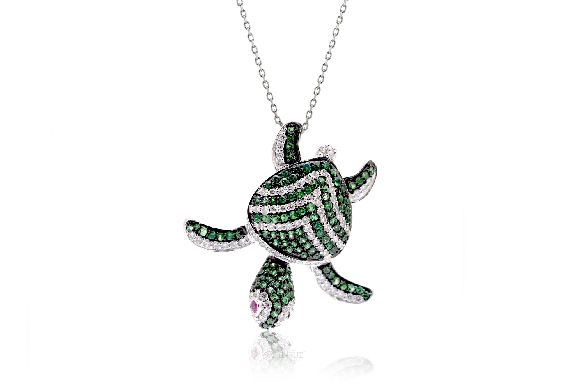 Turtle Diamond Pendant With Green Tsavorite Chevron Shell