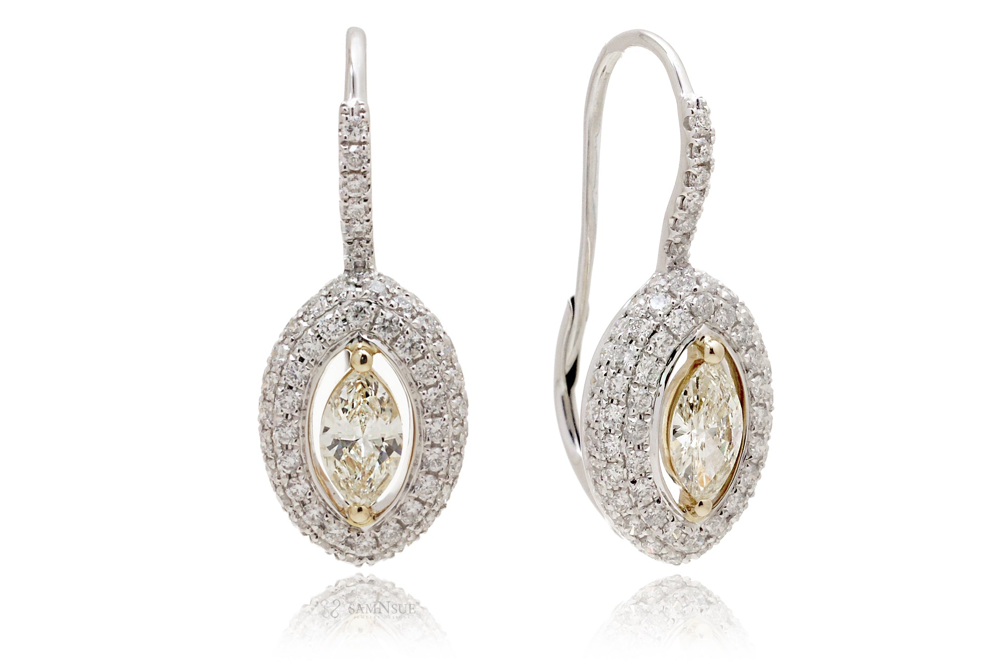 Marquise Diamond Halo Lever Backs Dangling Earrings