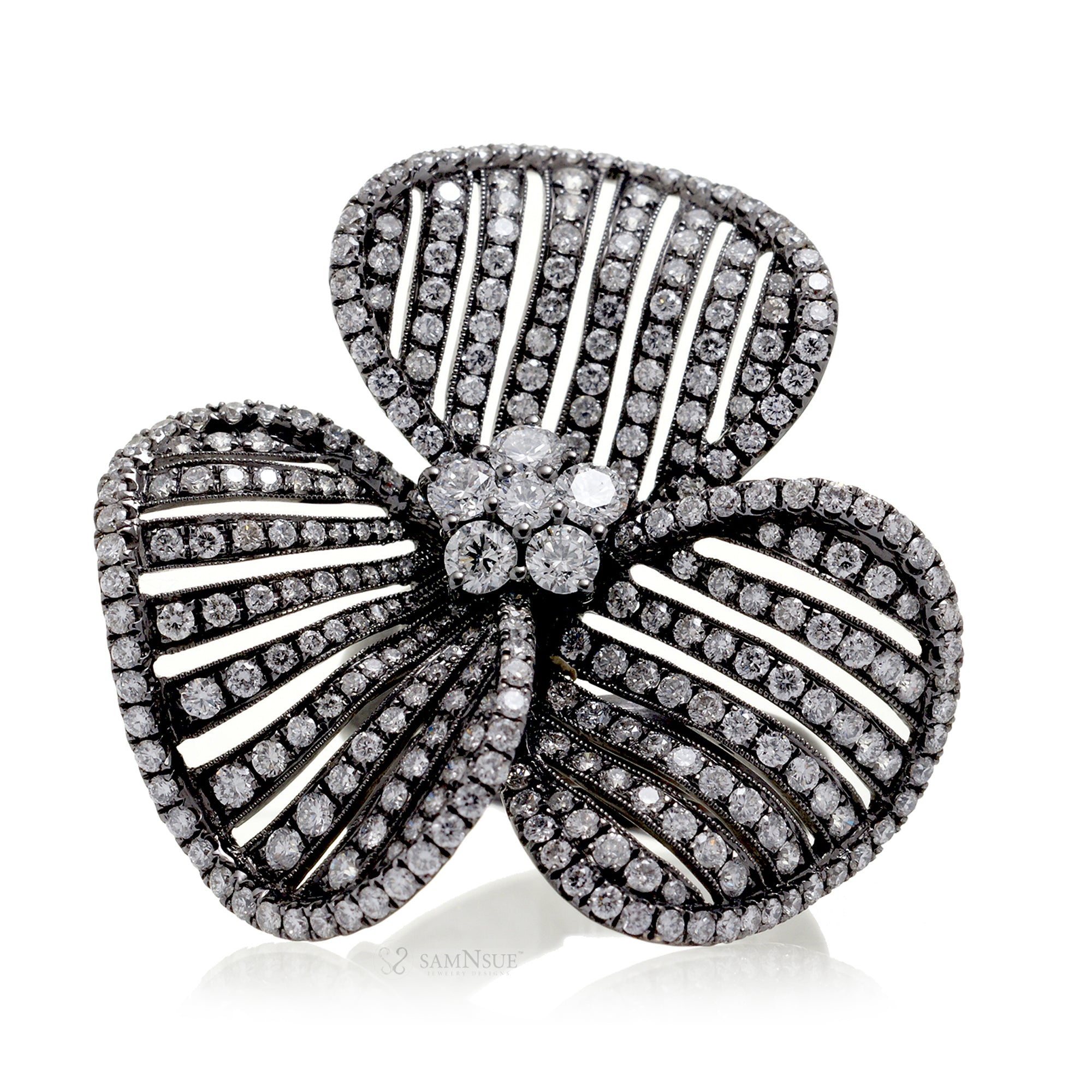 Three petal flower diamond ring cocktail with black rhodium in white gold