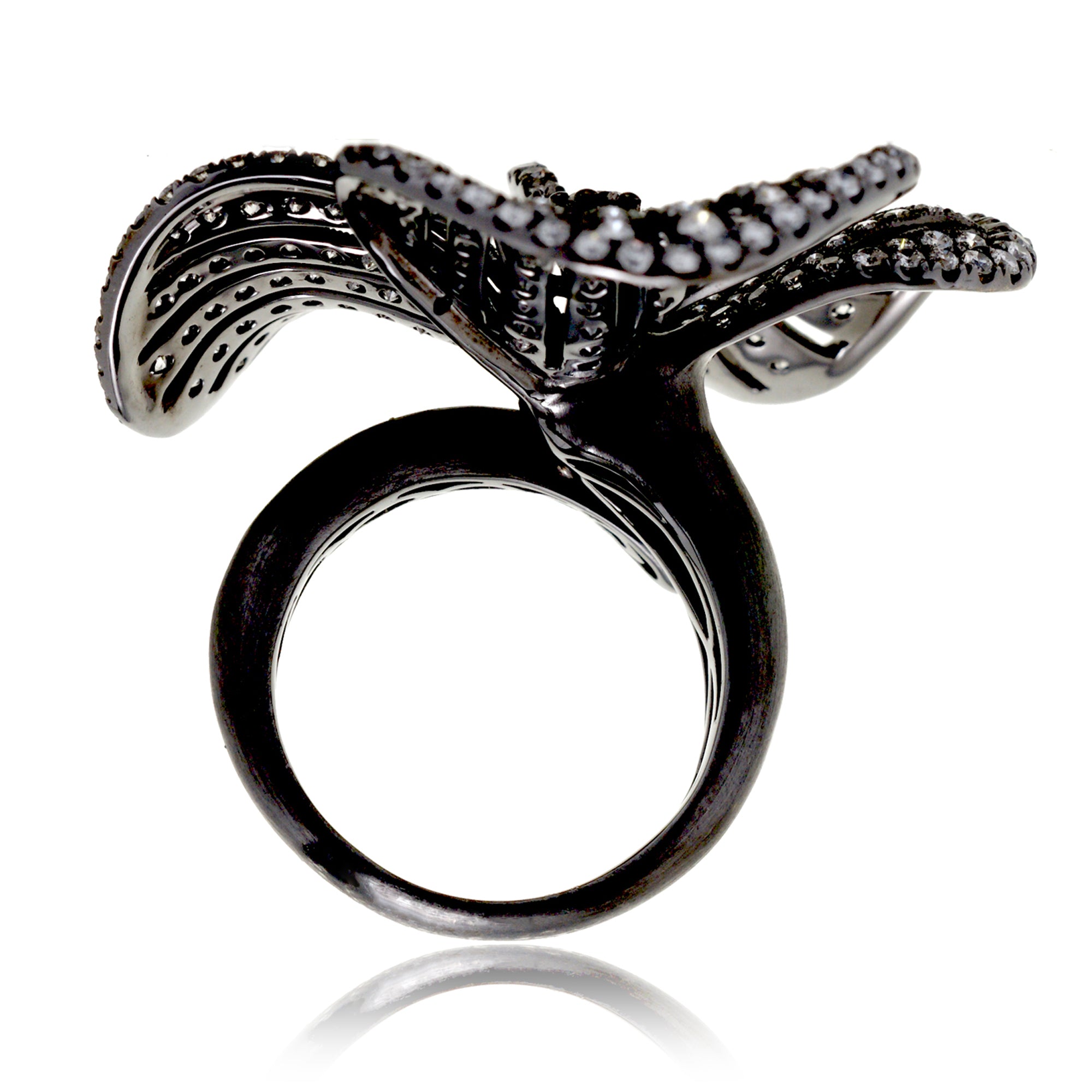 Three petal flower diamond ring cocktail with black rhodium in white gold