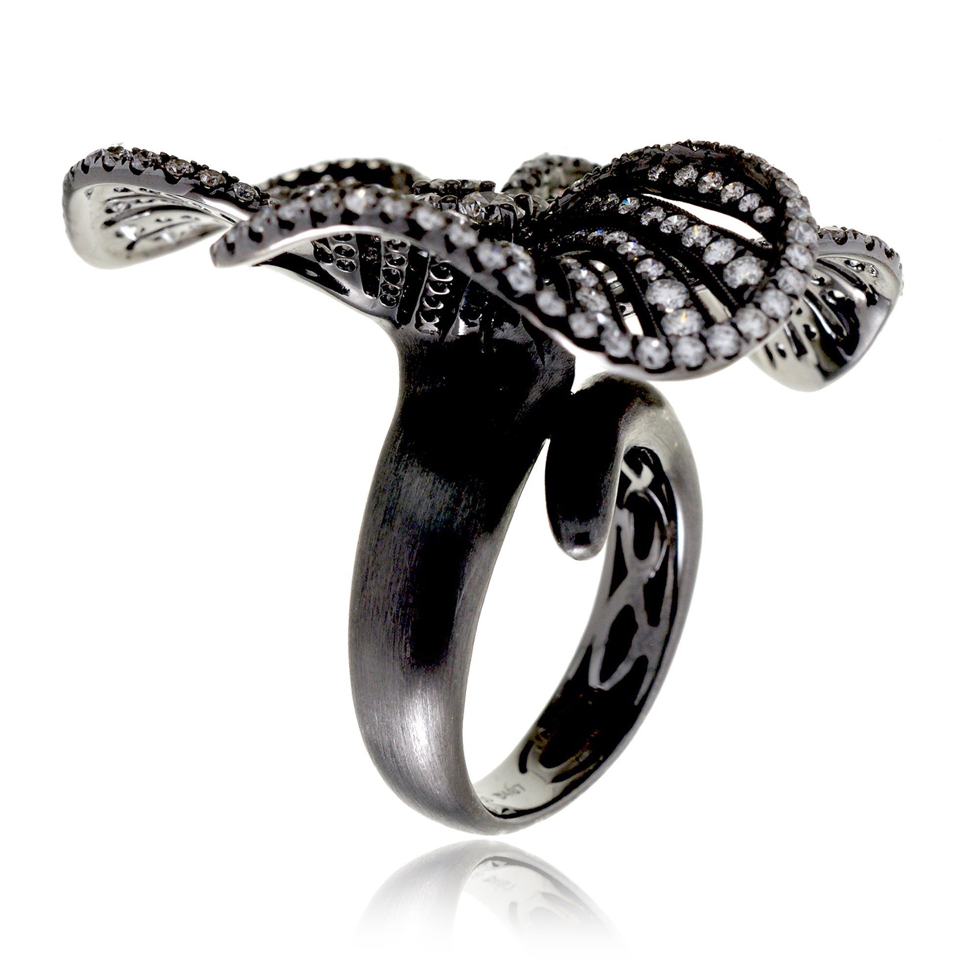 Three petal flower diamond ring cocktail with black rhodium in white gold