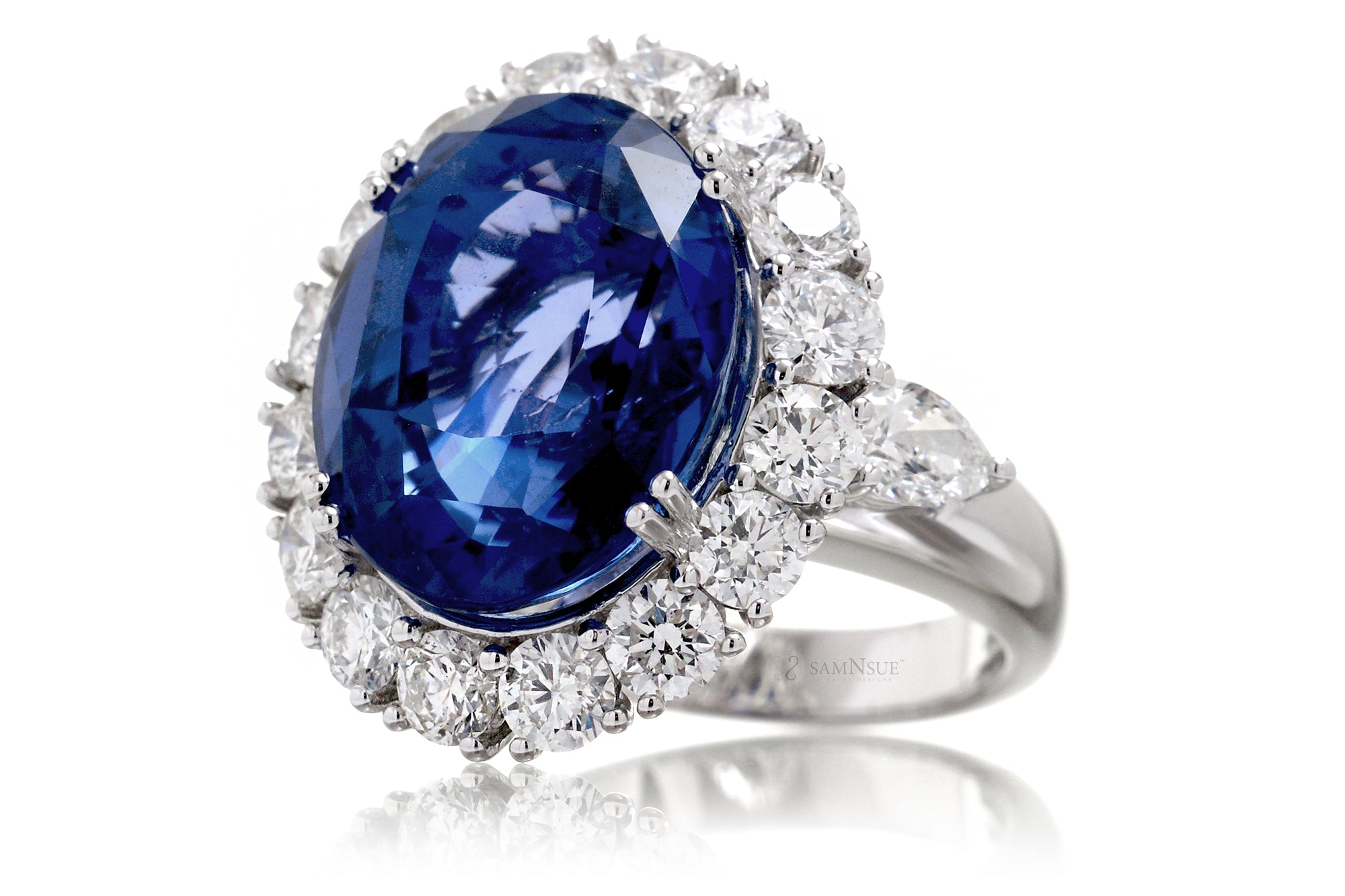 Unheated Blue Oval Sapphire Diamond Halo Ring (19.99 ct. tw.)