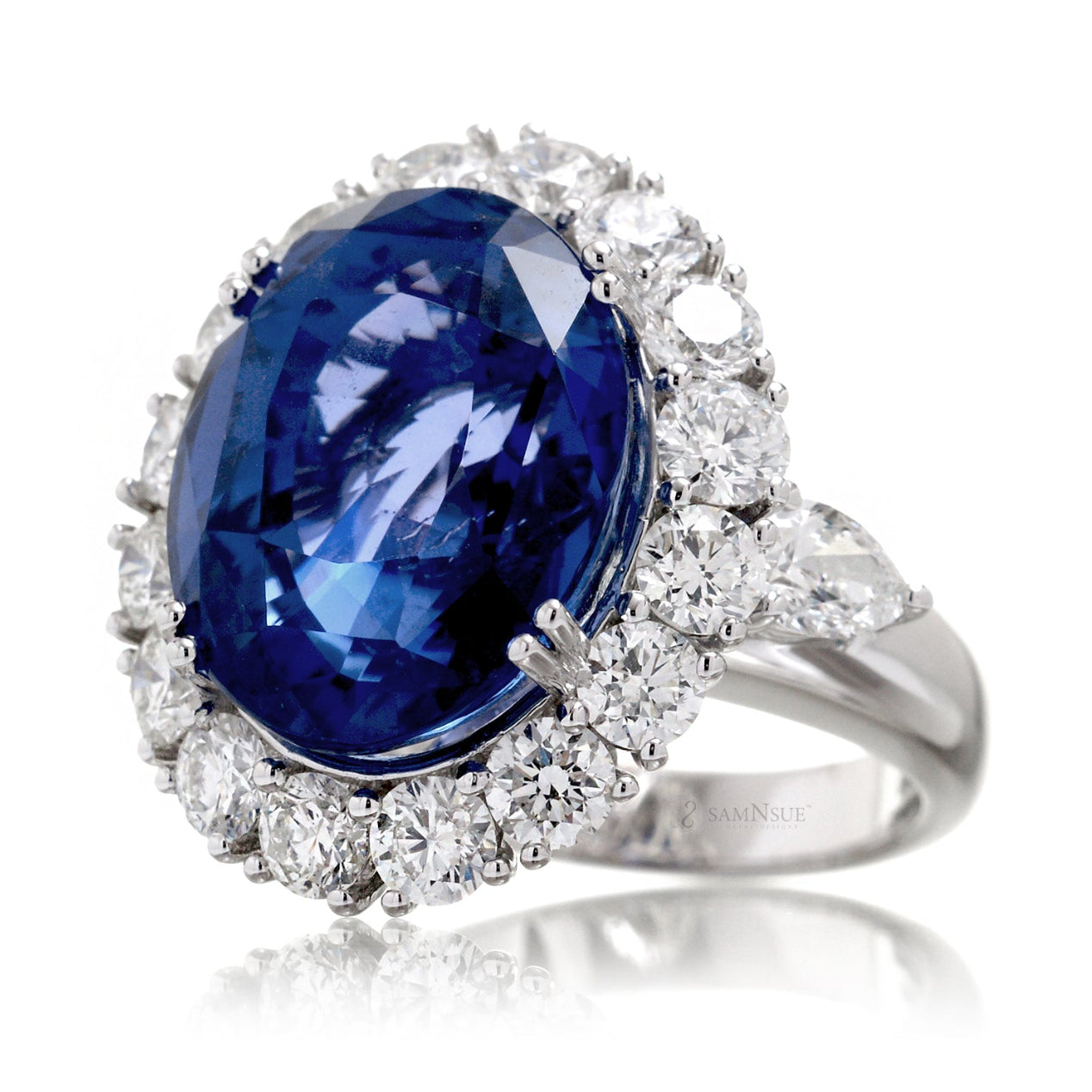 Unheated Blue Oval Sapphire Diamond Halo Ring (19.99 ct. tw.)