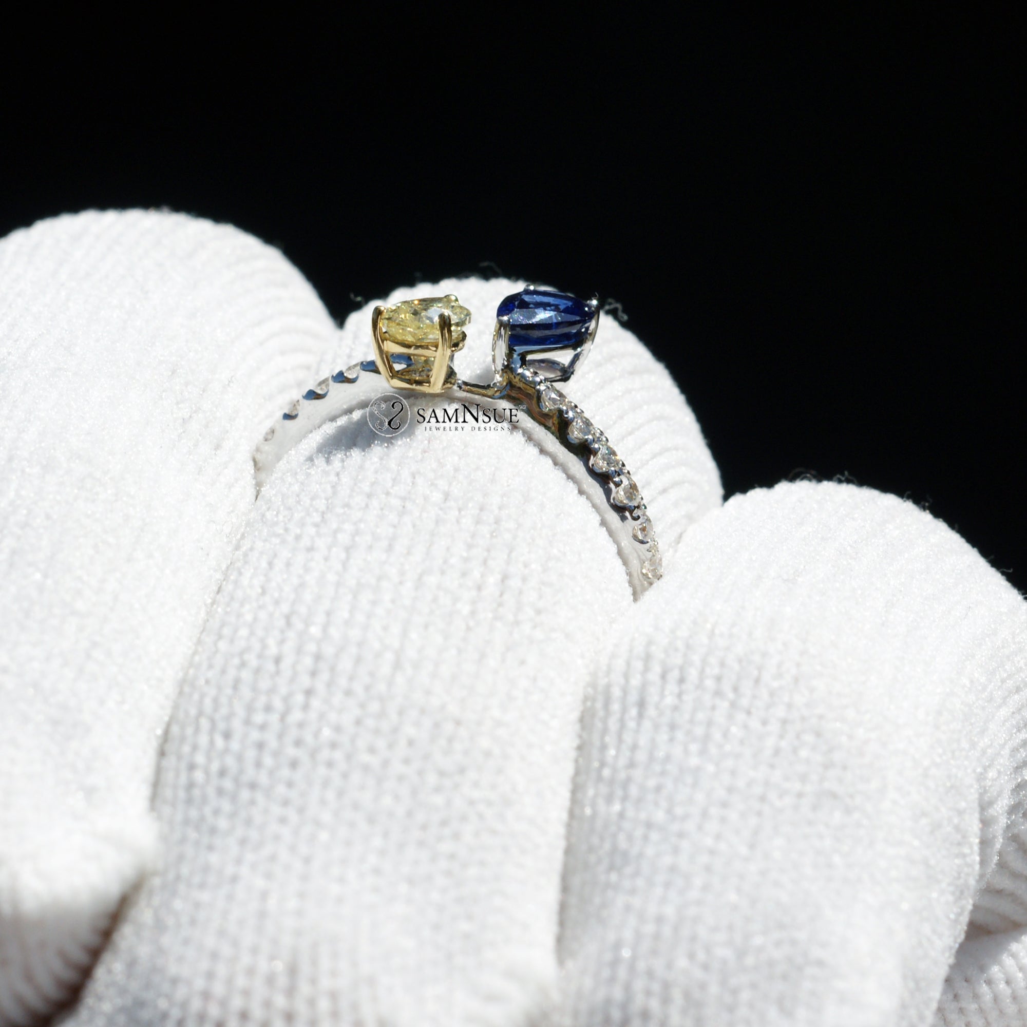 Toi et Moi Blue Sapphire Fancy Yellow Diamond Ring in white gold