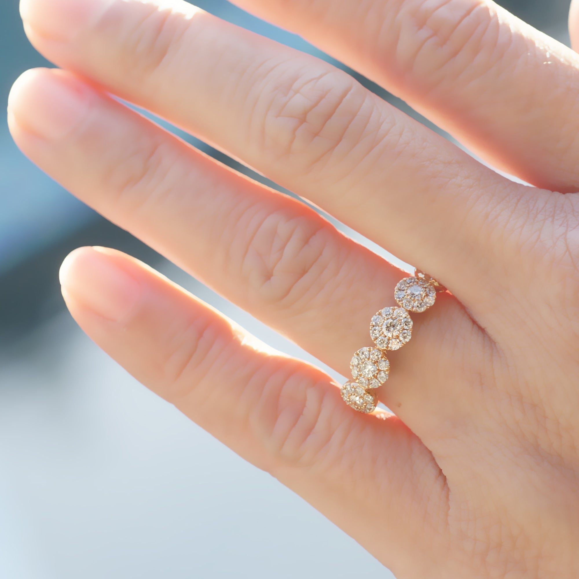 Five stone flower diamond cluster stackable band white gold