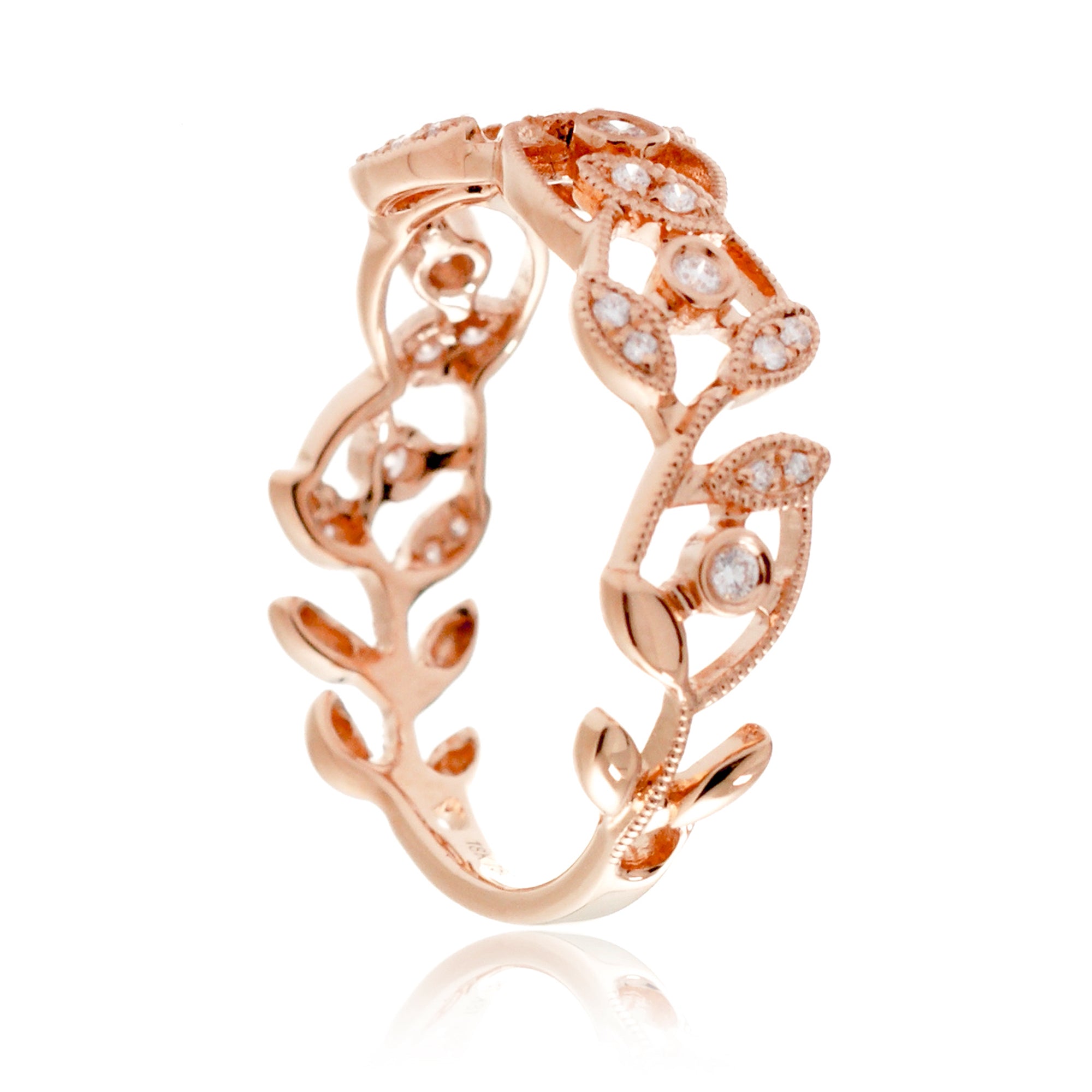 Leaf and vine diamond wedding anniversary band in rose gold