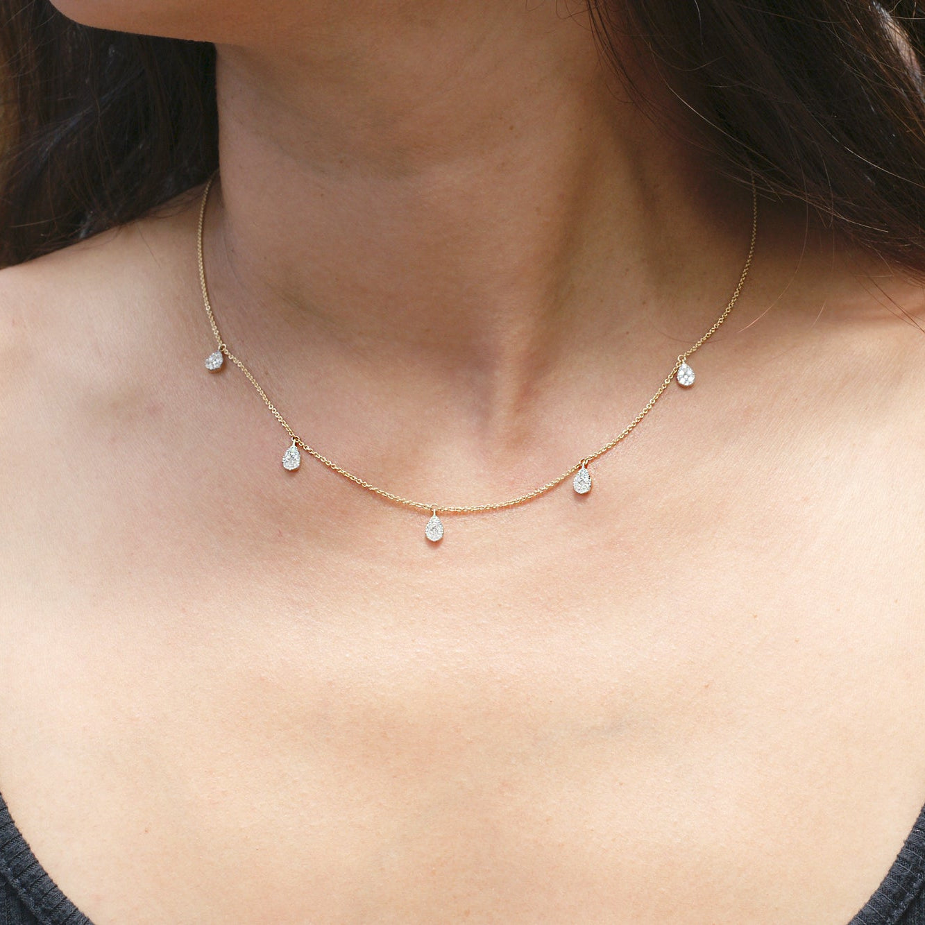Five Cluster Pear Diamond Teardrop Necklace