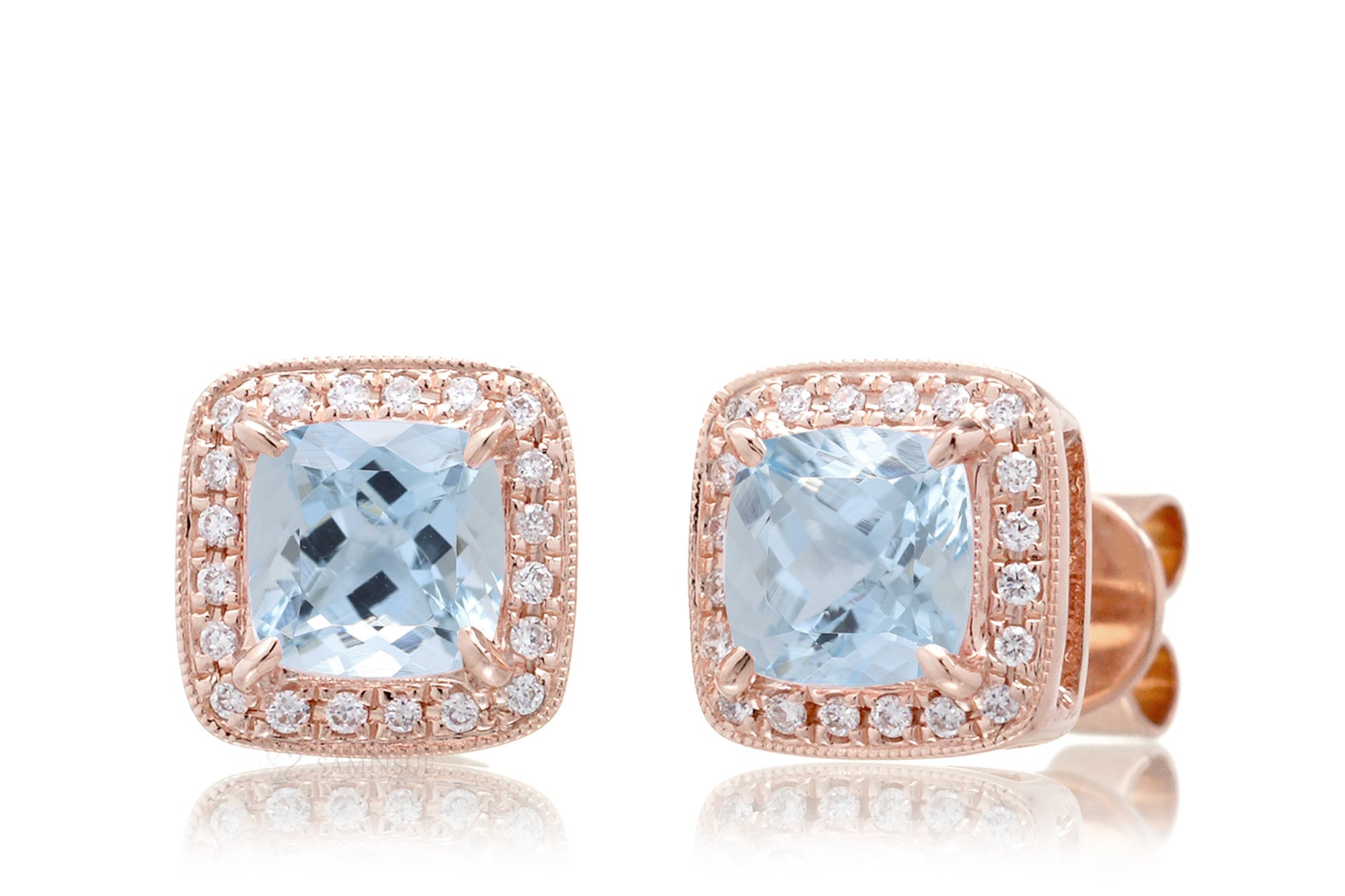 Aquamarine Studs Cushion Diamond Halo (5mm)