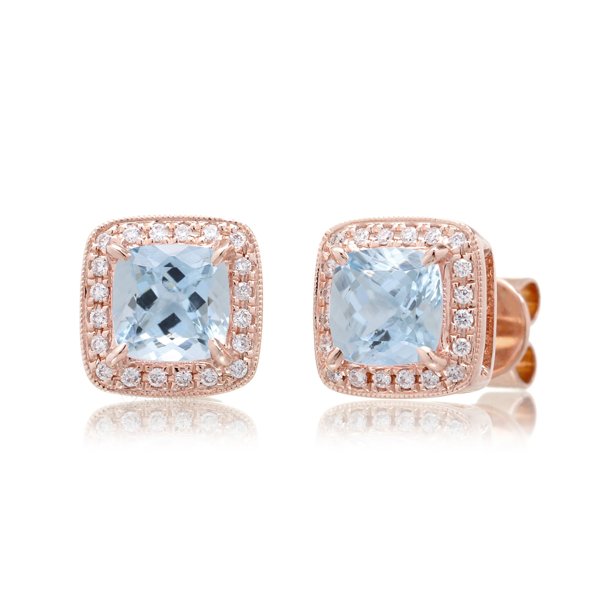Aquamarine Studs Cushion Diamond Halo (5mm)