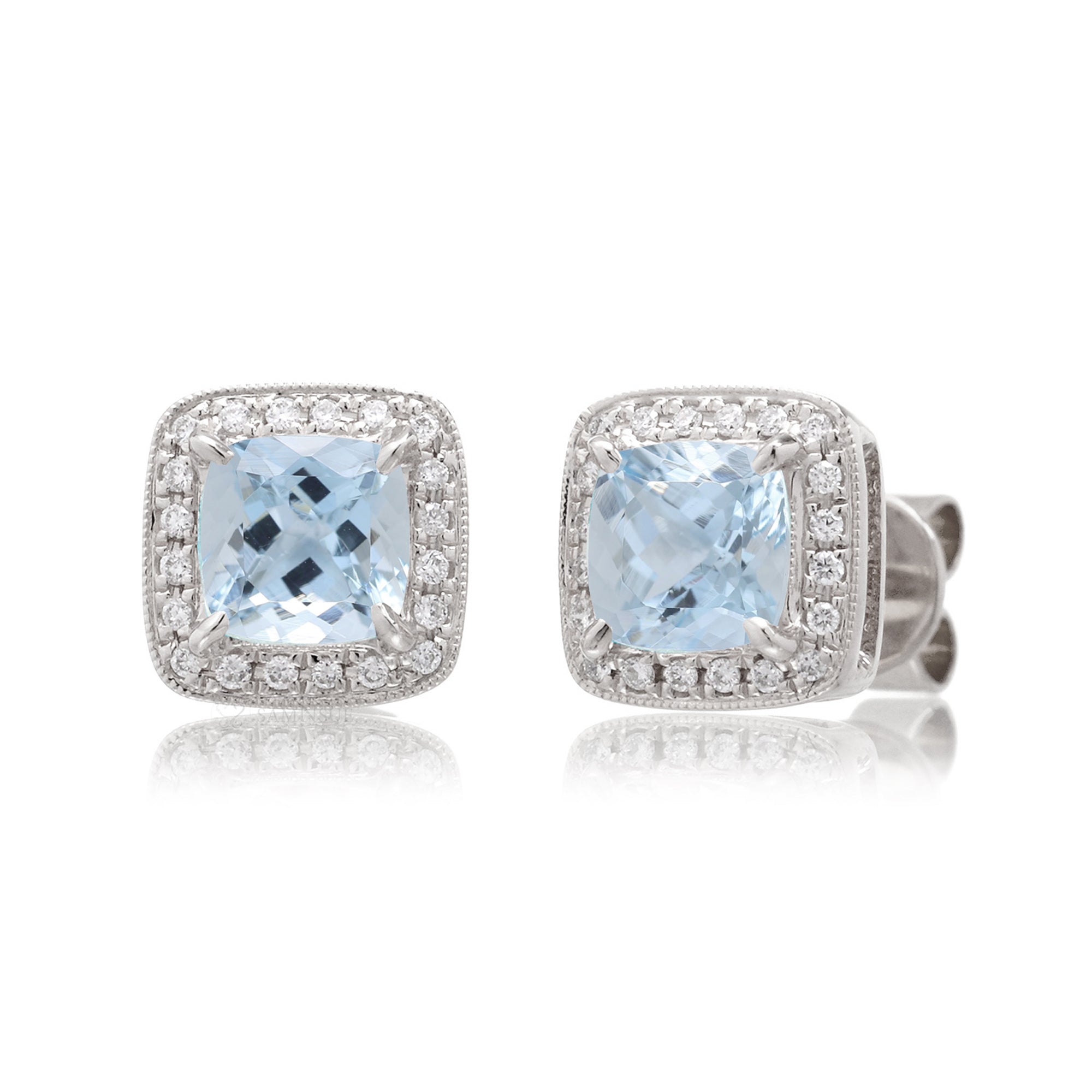 Aquamarine Studs Cushion Diamond Halo Earrings