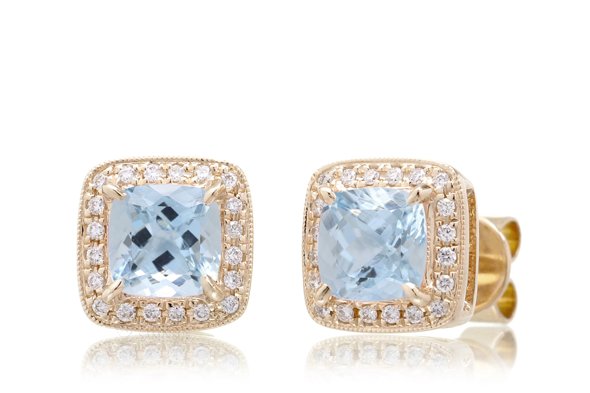 Aquamarine Studs Cushion Diamond Halo