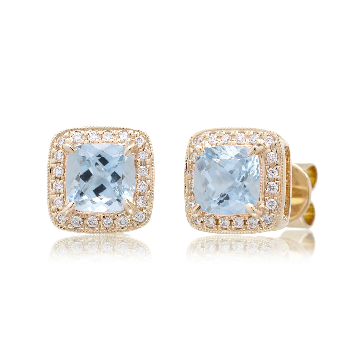 Aquamarine Studs Cushion Diamond Halo Earrings