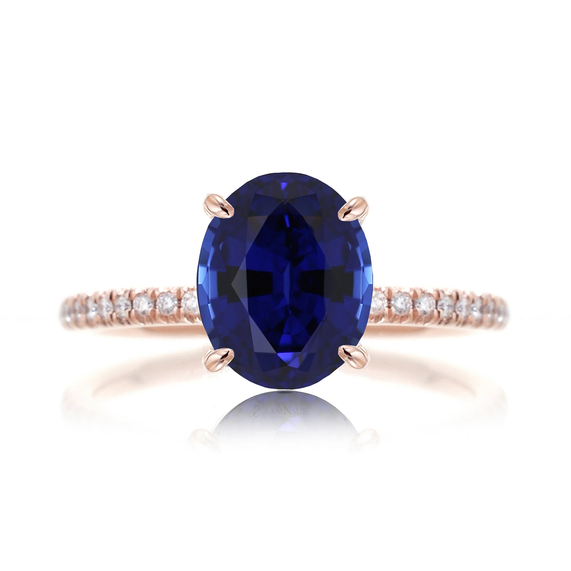 Oval blue sapphire diamond band engagement ring rose gold - the Ava