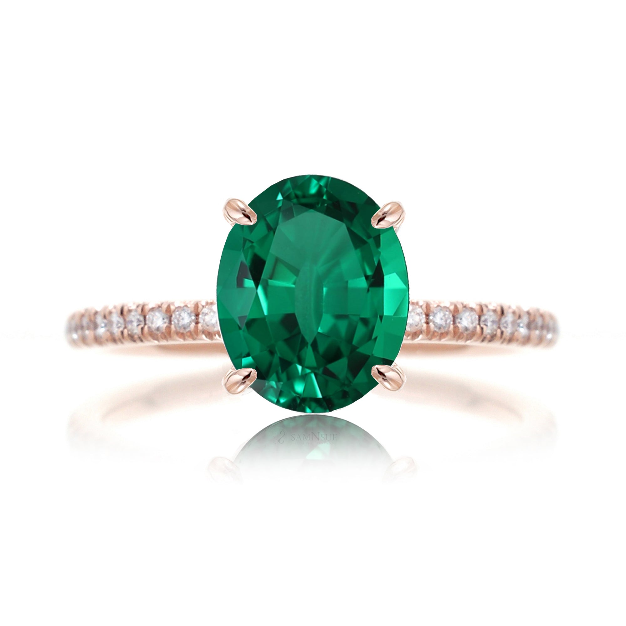 Oval green emerald diamond band engagement ring rose gold - the Ava
