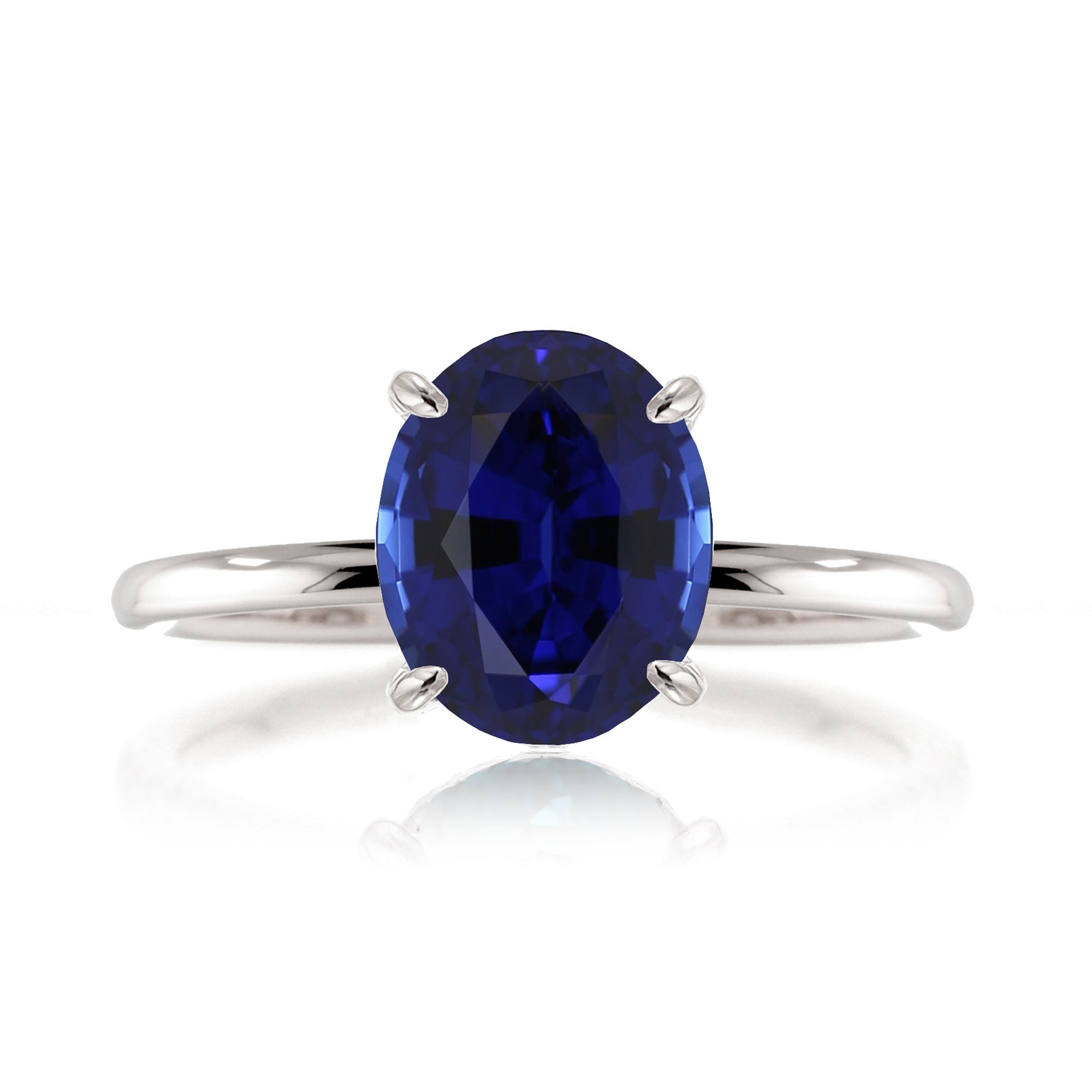 Oval blue sapphire solid band engagement ring white gold - the Ava