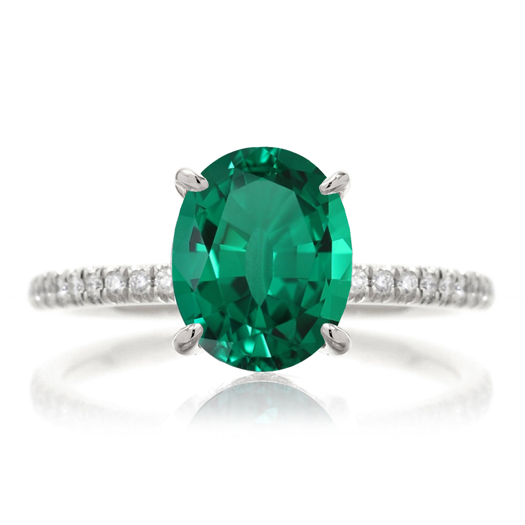 Oval green emerald diamond band engagement ring white gold - the Ava