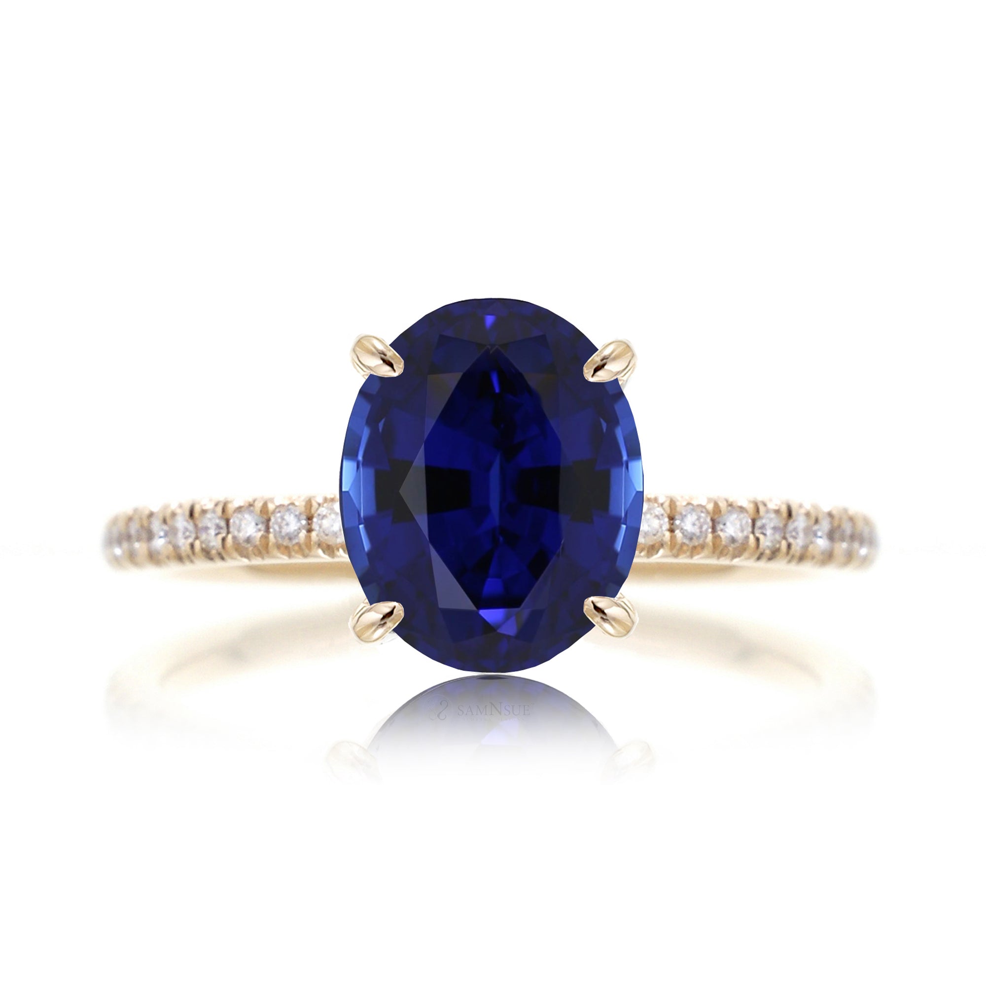 Oval blue sapphire diamond band engagement ring yellow gold - the Ava
