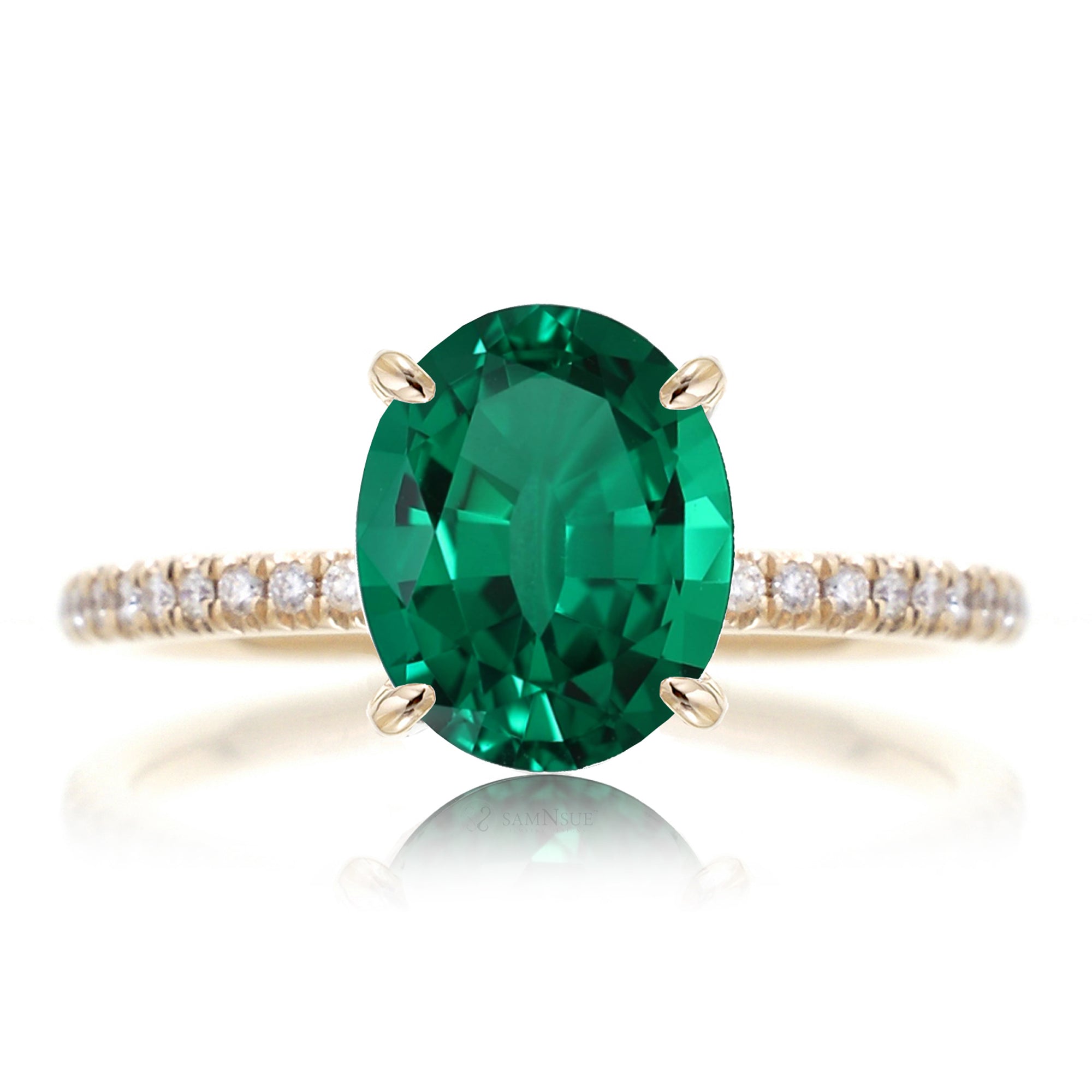 Oval green emerald diamond band engagement ring yellow gold - the Ava