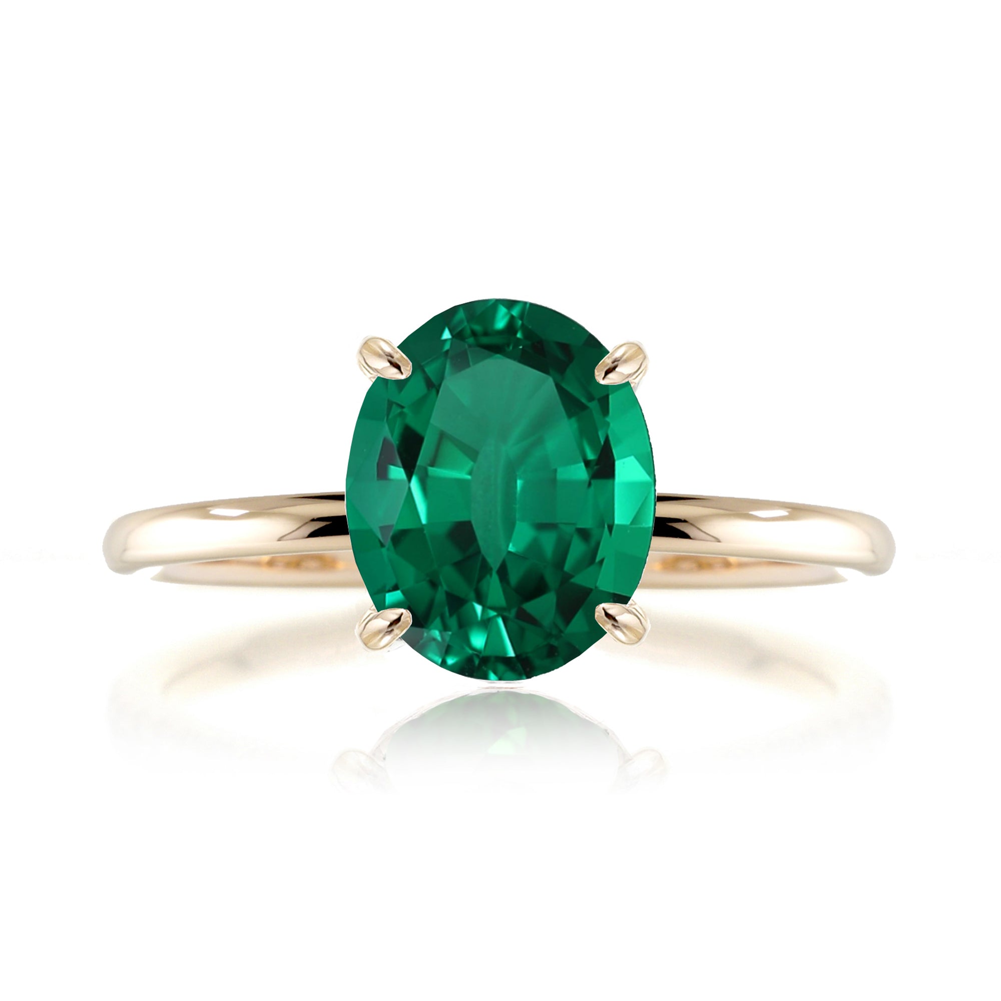 Oval green emerald solid band engagement ring yellow gold - the Ava