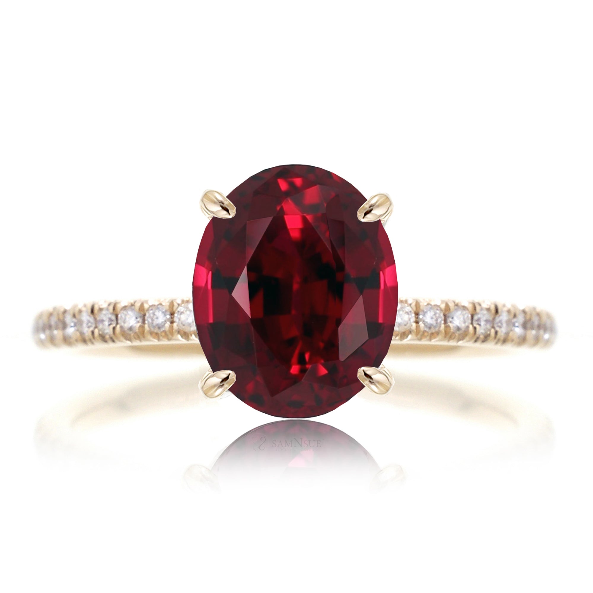 Oval lab-grown ruby diamond band engagement ring yellow gold - the Ava