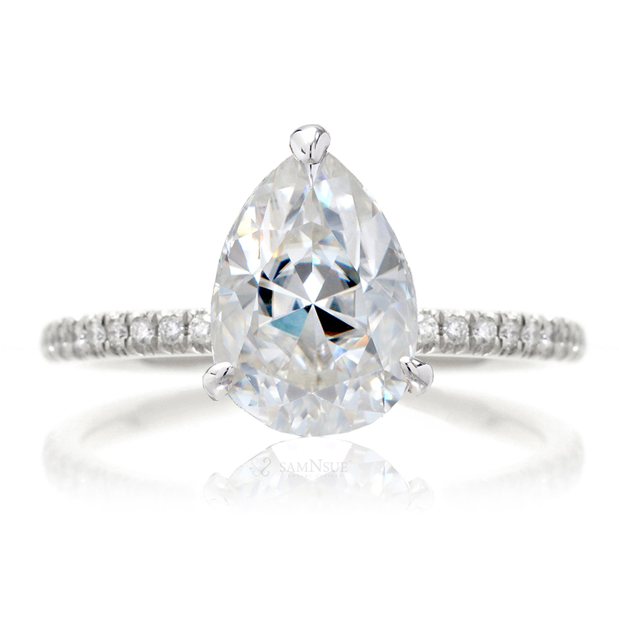 Classic Pear Solitaire Moissanite Engagement Ring With Diamond Accented Band | The Ava