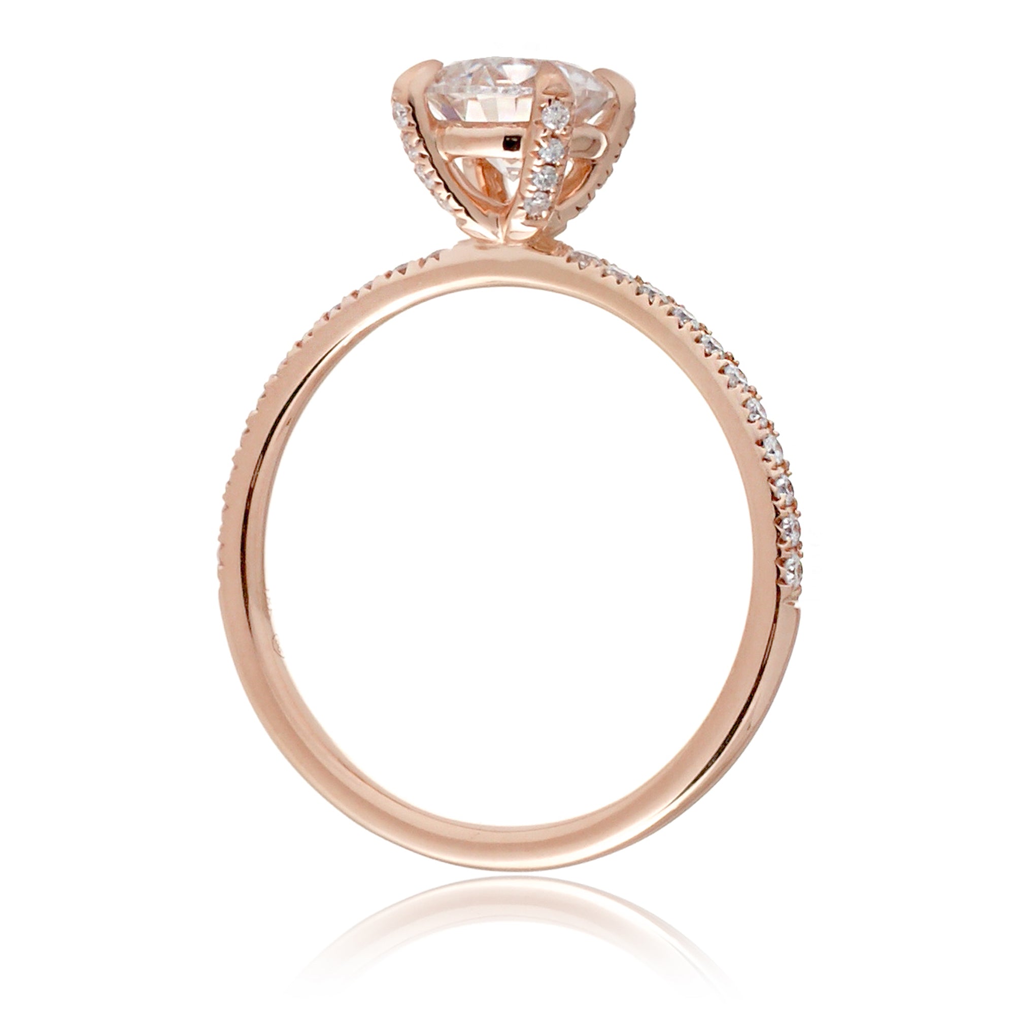 Round brilliant cut moissanite diamond band engagement ring rose gold - The Ava